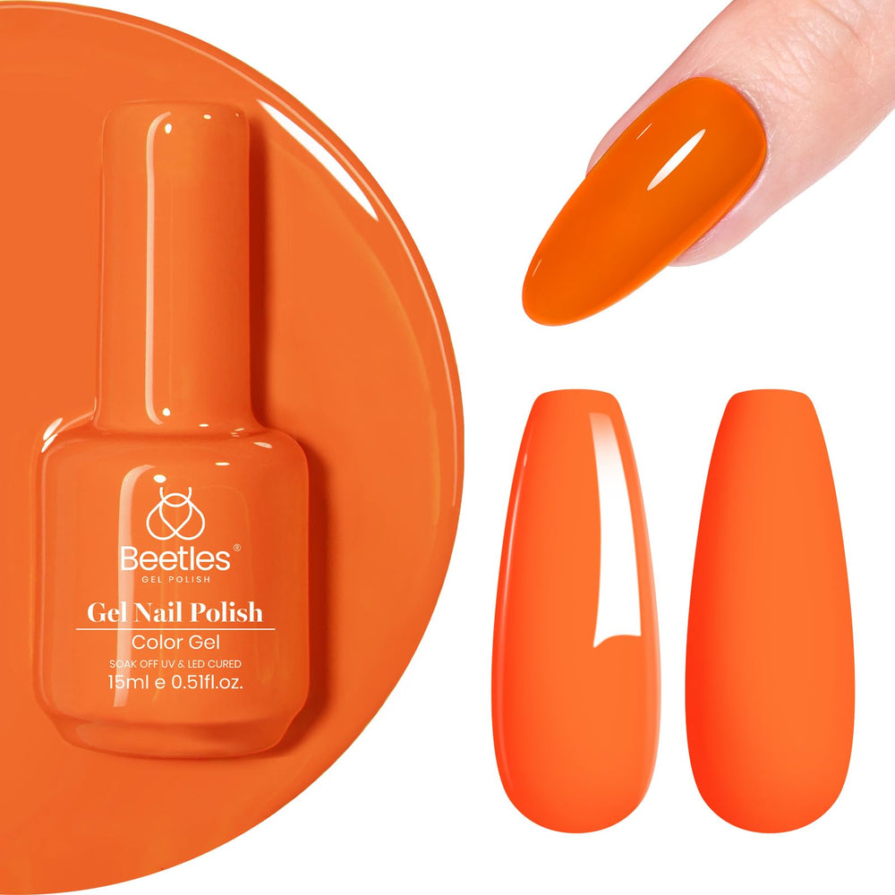 Beetles Gel Polish Orange Néon, bouteille 15 ml pour une teinte néon éclatante.