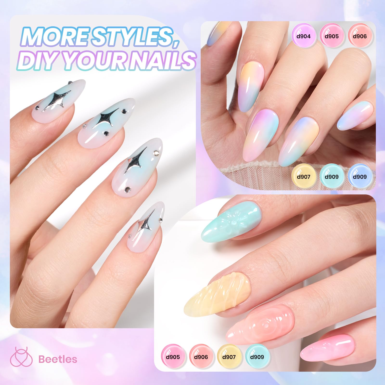 Beetles Pastel Jelly Gel couleurs: 6 teintes lumineuses à superposer.