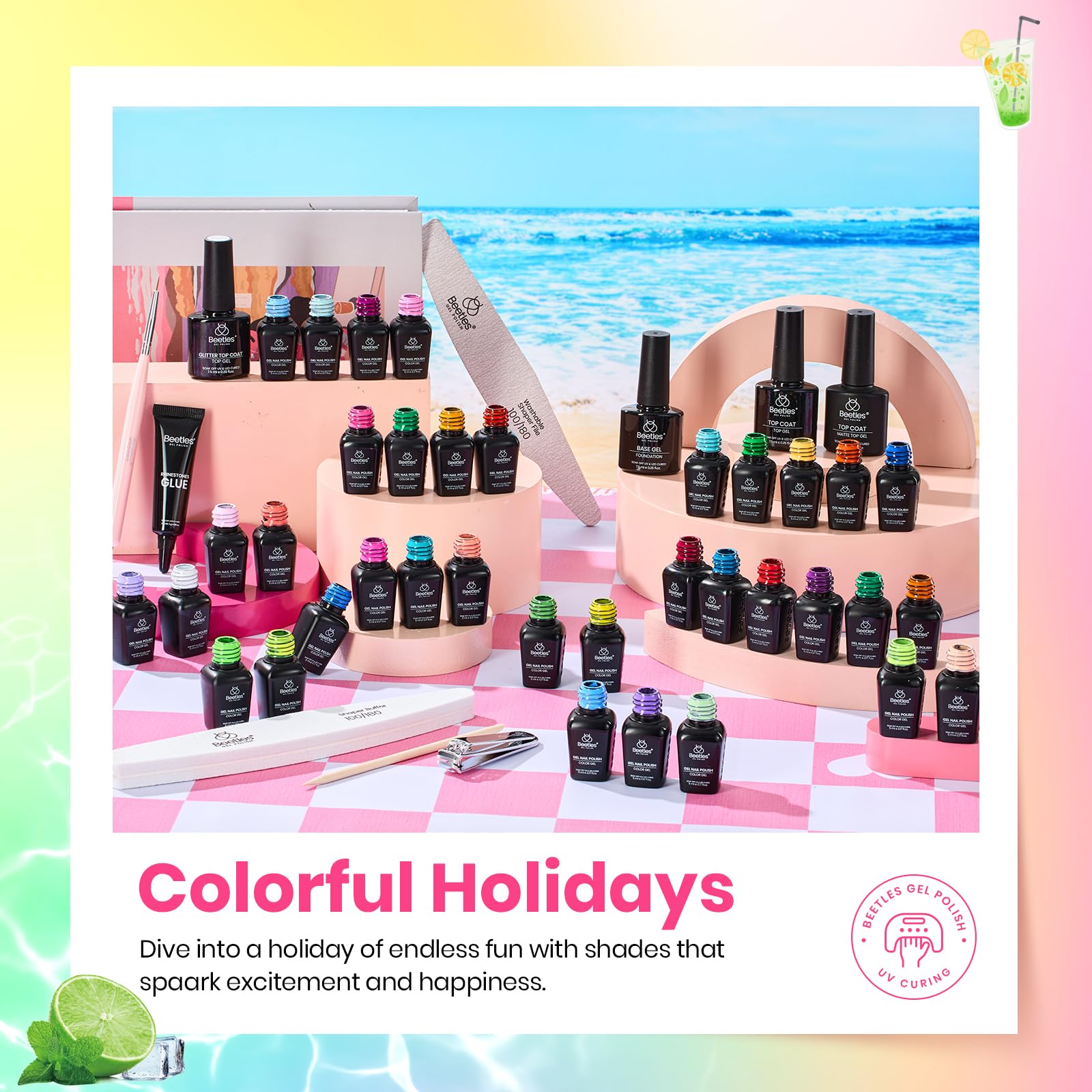 Beetles vernis-gel couleurs Printemps-paillettes: accents éclatants et tenue fidèle.