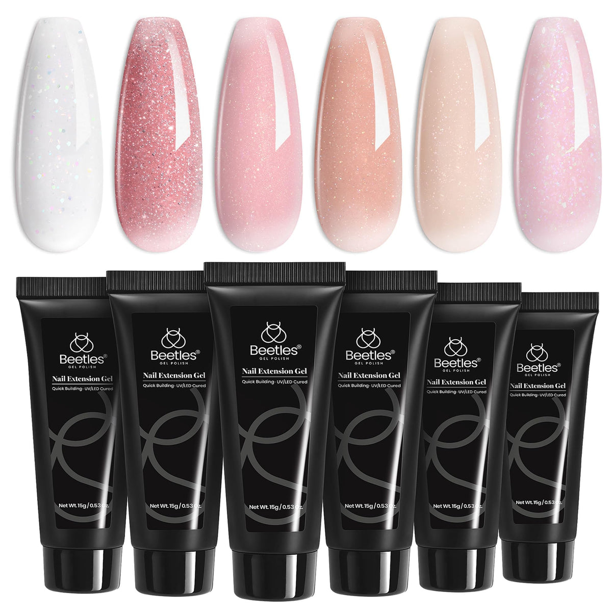 Beetles Gel Poly Set, palette nude-pink-glitter pour un look naturel et élégant.