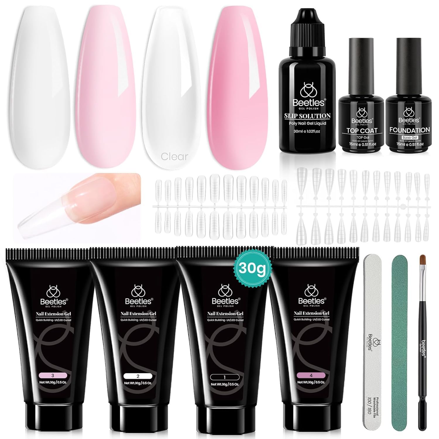 Beetles Poly Nail Extension Kit – couleurs rose et blanc pour des ongles élégants et durables.