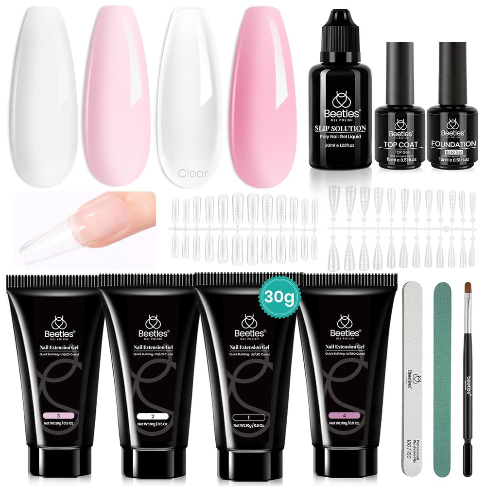 Beetles Poly Nail Extension Kit – couleurs rose et blanc pour des ongles élégants et durables.