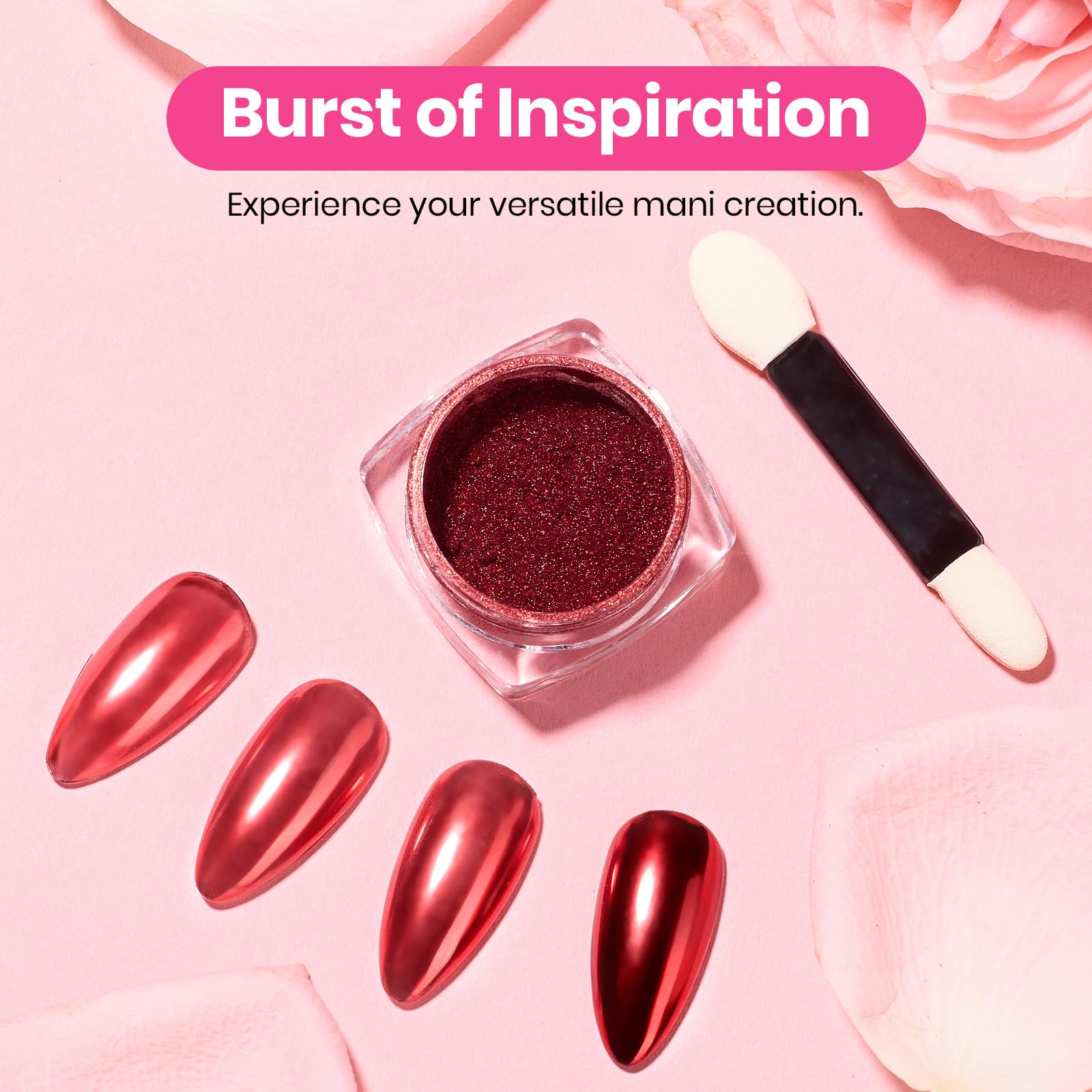Beetles nail art glamour avec poudre chrome rouge sur ongles.