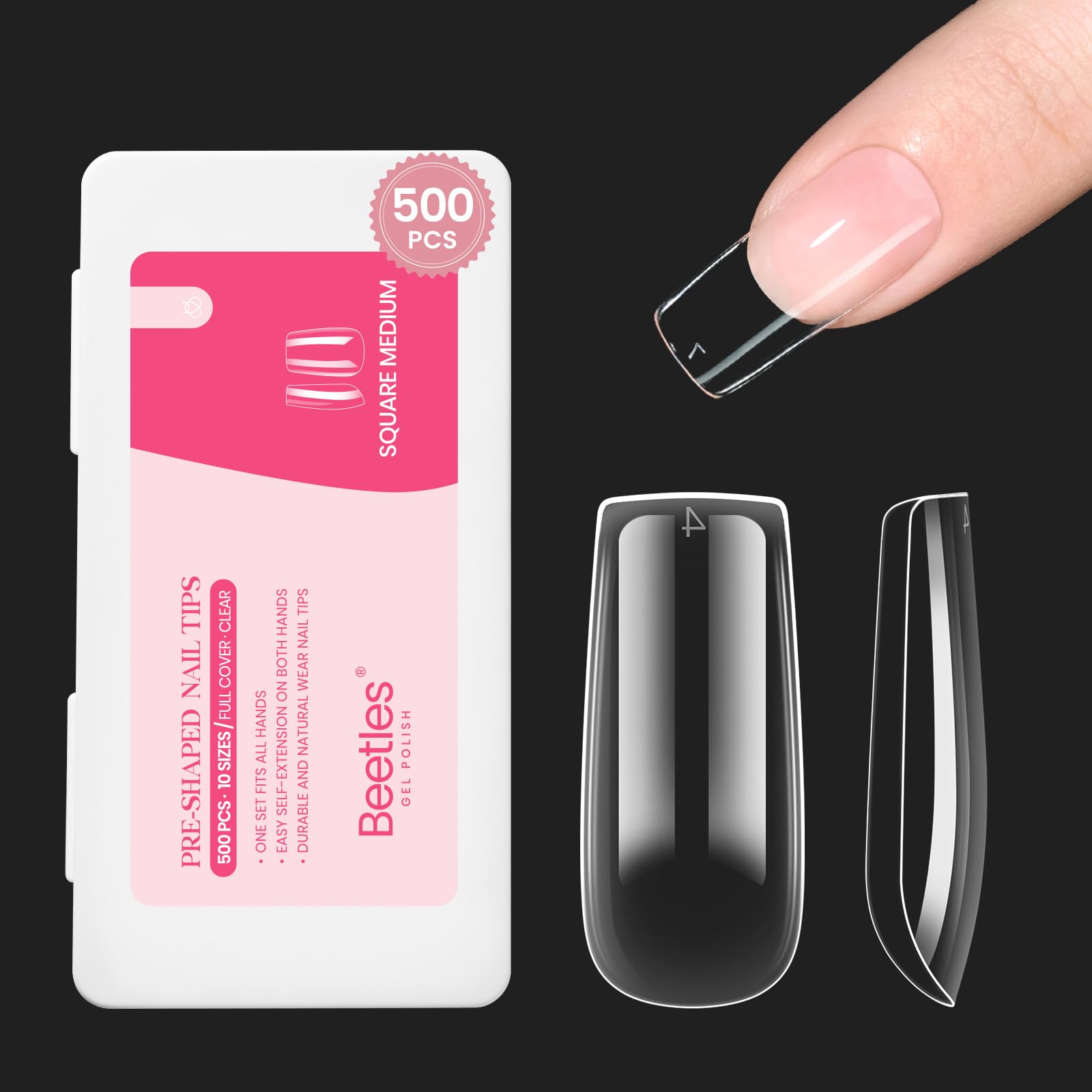 Beetles prothèses ongles carré moyen 500pcs prêt à poser pour une manucure naturelle
