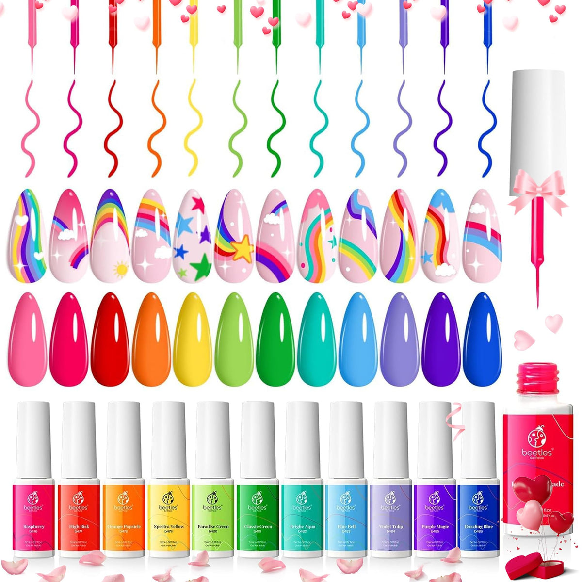 Beetles Rainbow Gel Liner Set swatches show vivid neon colors for crisp nail art lines.