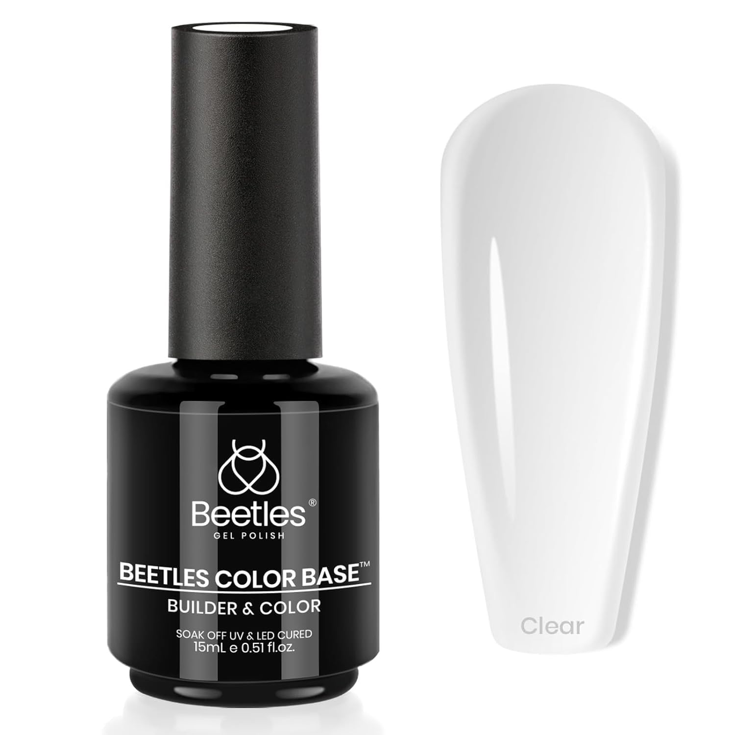 Beetles Rubber Base Gel, flacon clair, base transparente facile à appliquer.