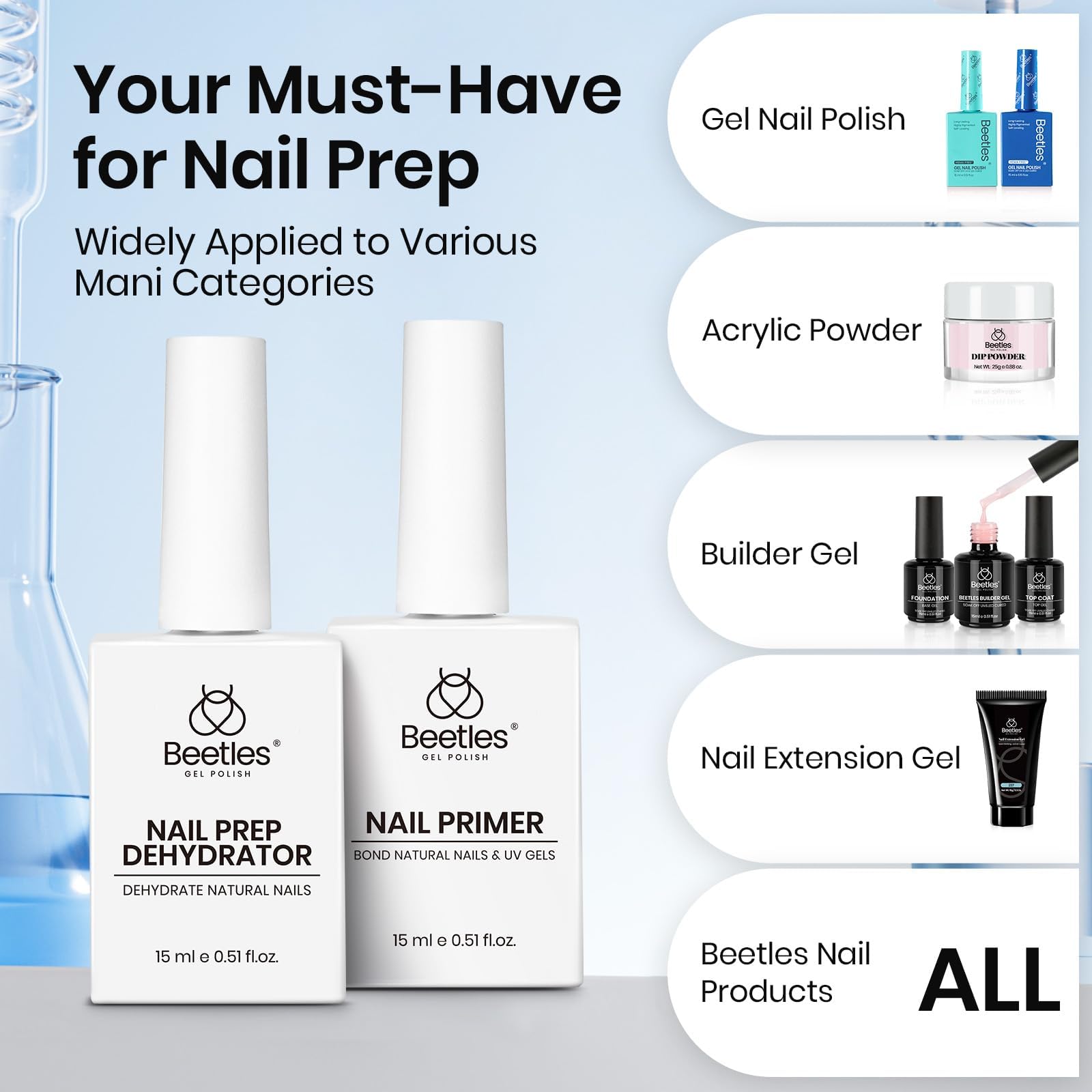 Beetles sans acide et HEMA : formule douce adaptée aux ongles sensibles.