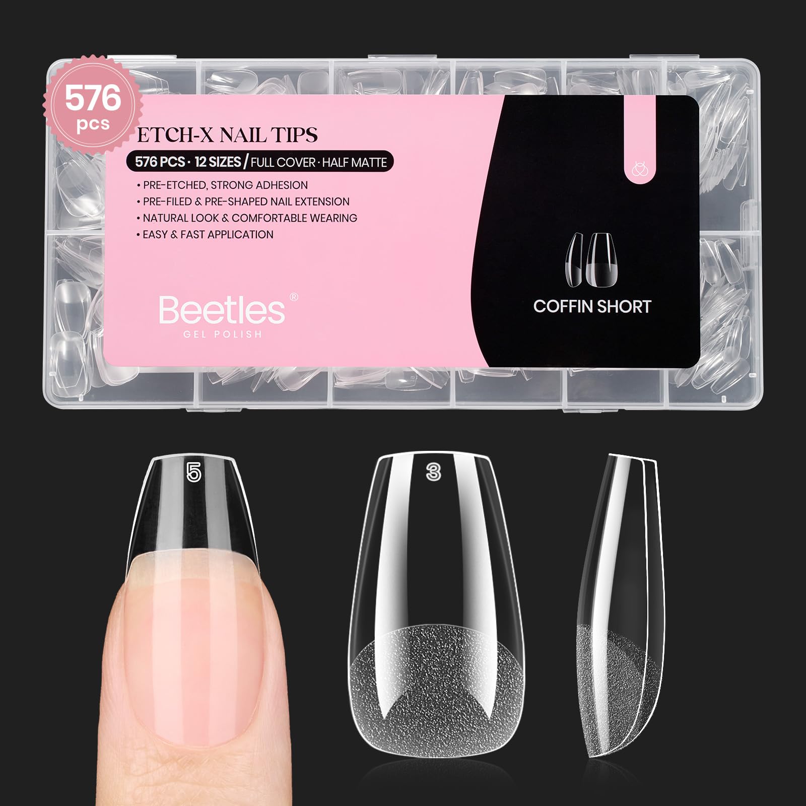 Beetles Short Coffin Nails, ensemble 576 pièces, ajustement précis et rapide.