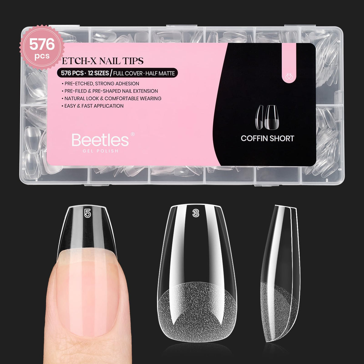 Beetles Short Coffin Nails, ensemble 576 pièces, ajustement précis et rapide.