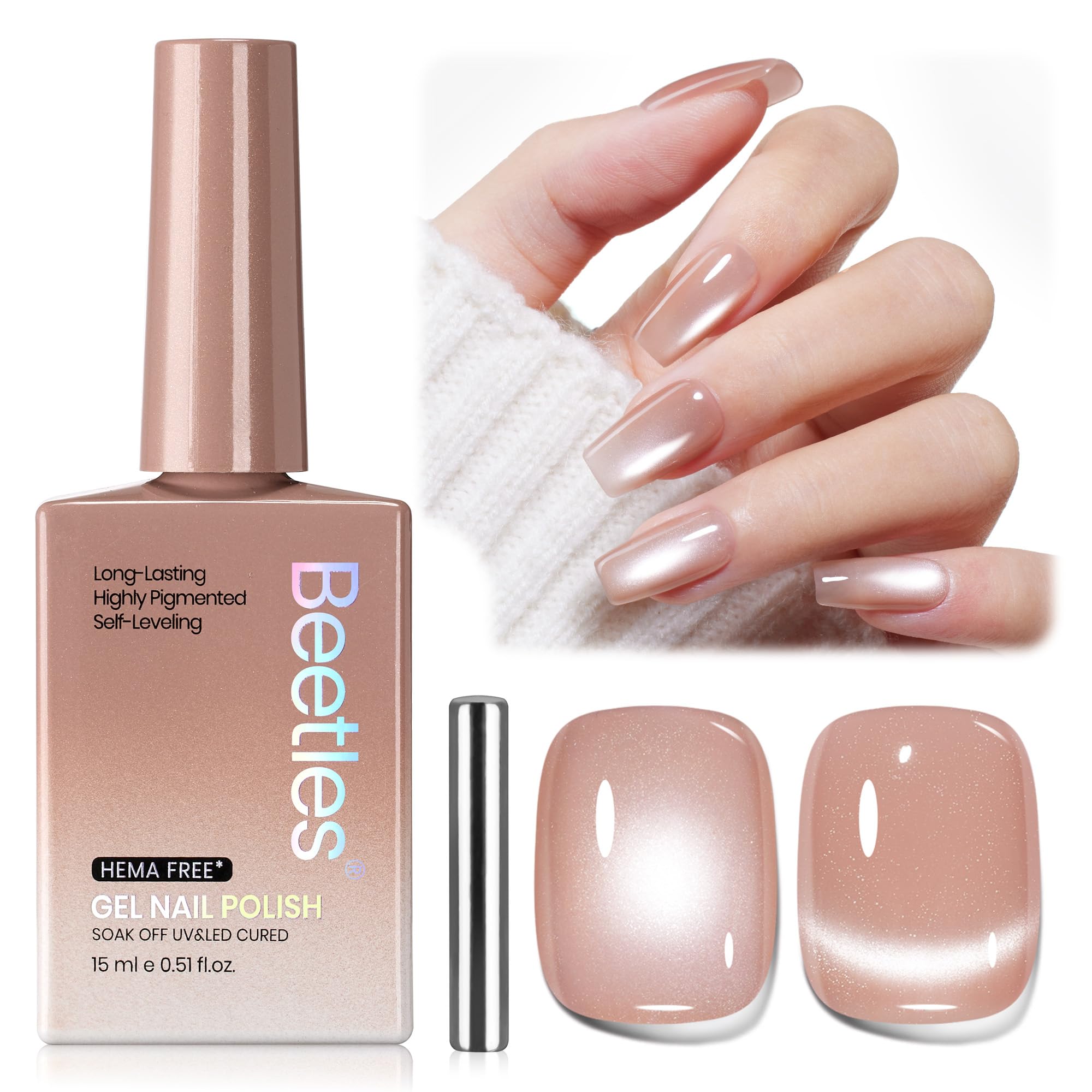 Beetles Silk Serum Nude œil-de-chat, finition translucide lumineuse pour une manucure naturelle.