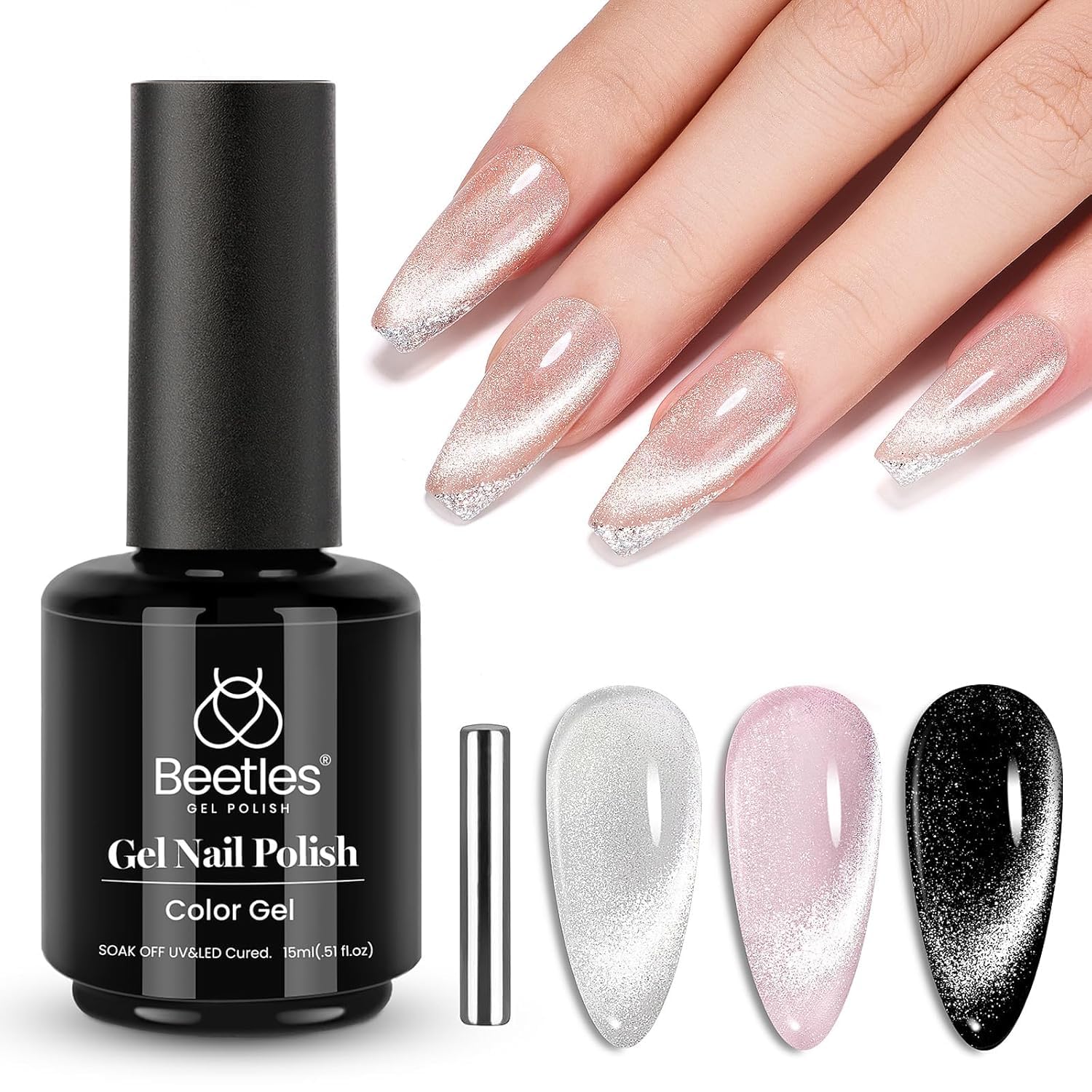 Beetles Star Cascade vernis bouteille argenté avec effet œil de chat sur ongles