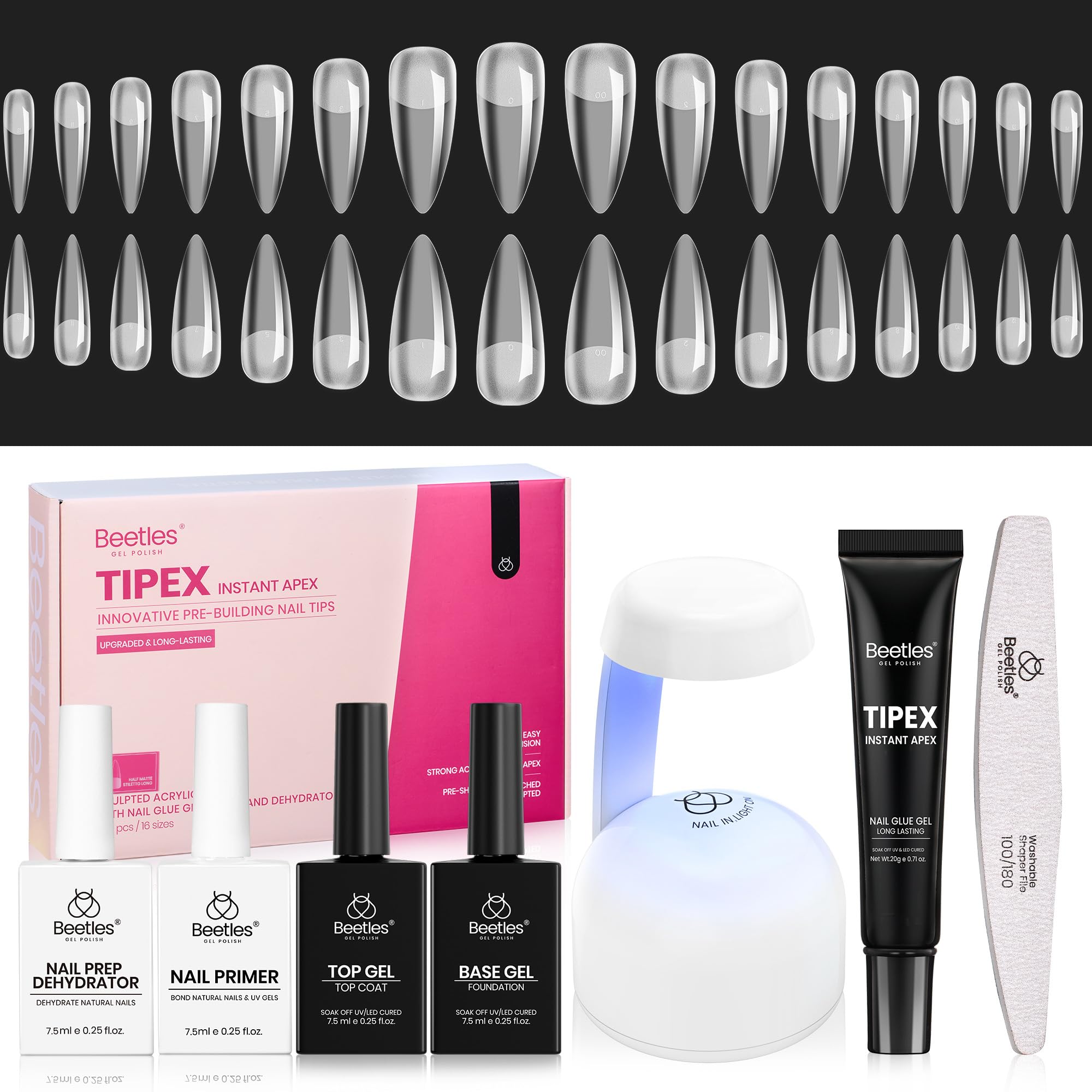 Beetles Tipex Instant Apex Kit, pointe stiletto pour extensions solides.