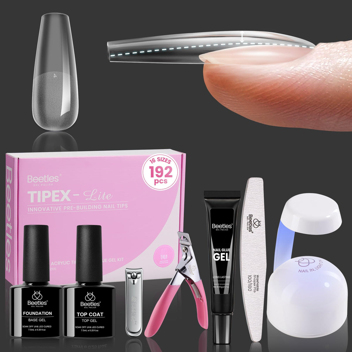 Beetles Tipex Lite Apex, pointe d’ongle en forme cercueil longue pour fini naturel.