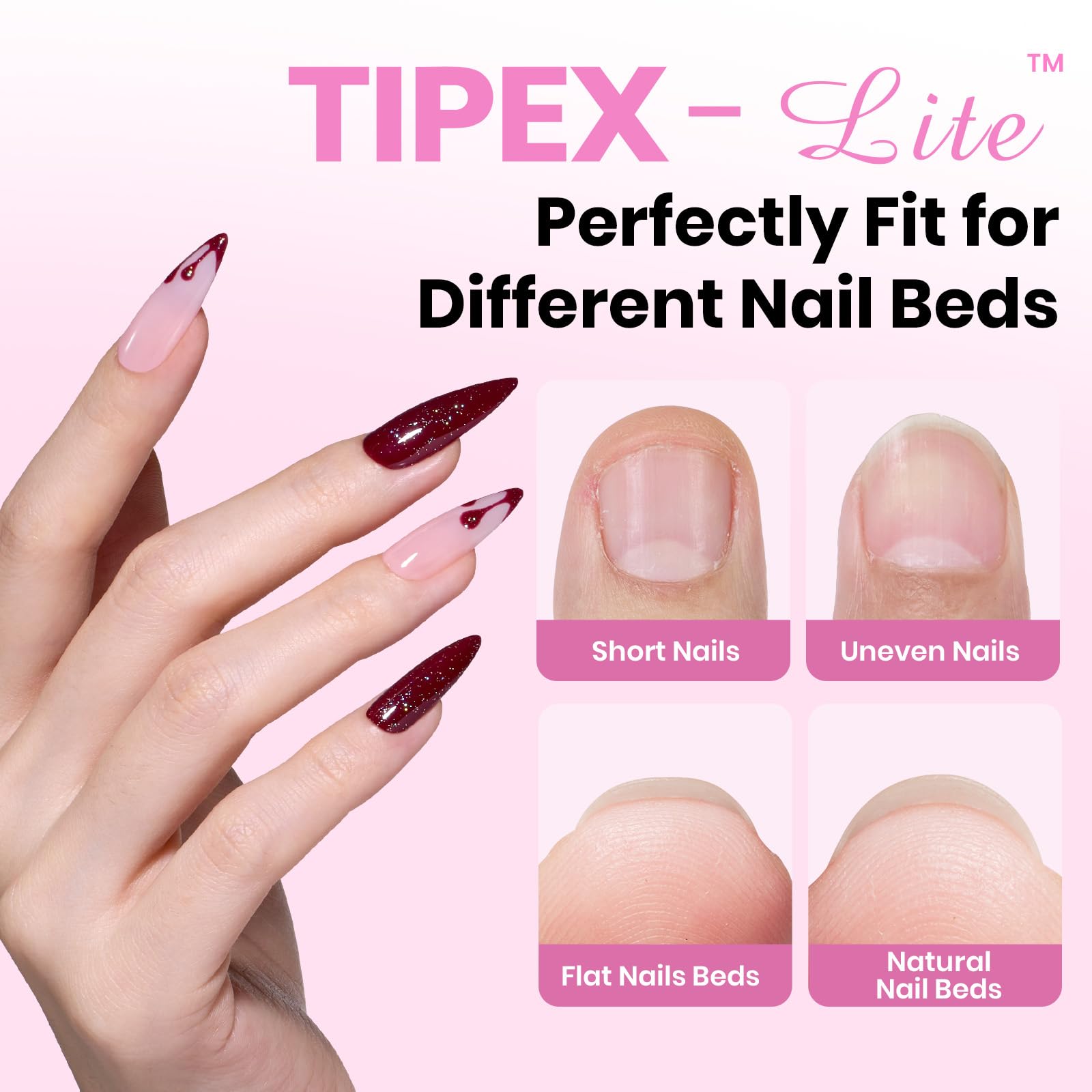 Beetles Tipex Lite Kit avec 192 embouts d’ongles pour diverses longueurs.