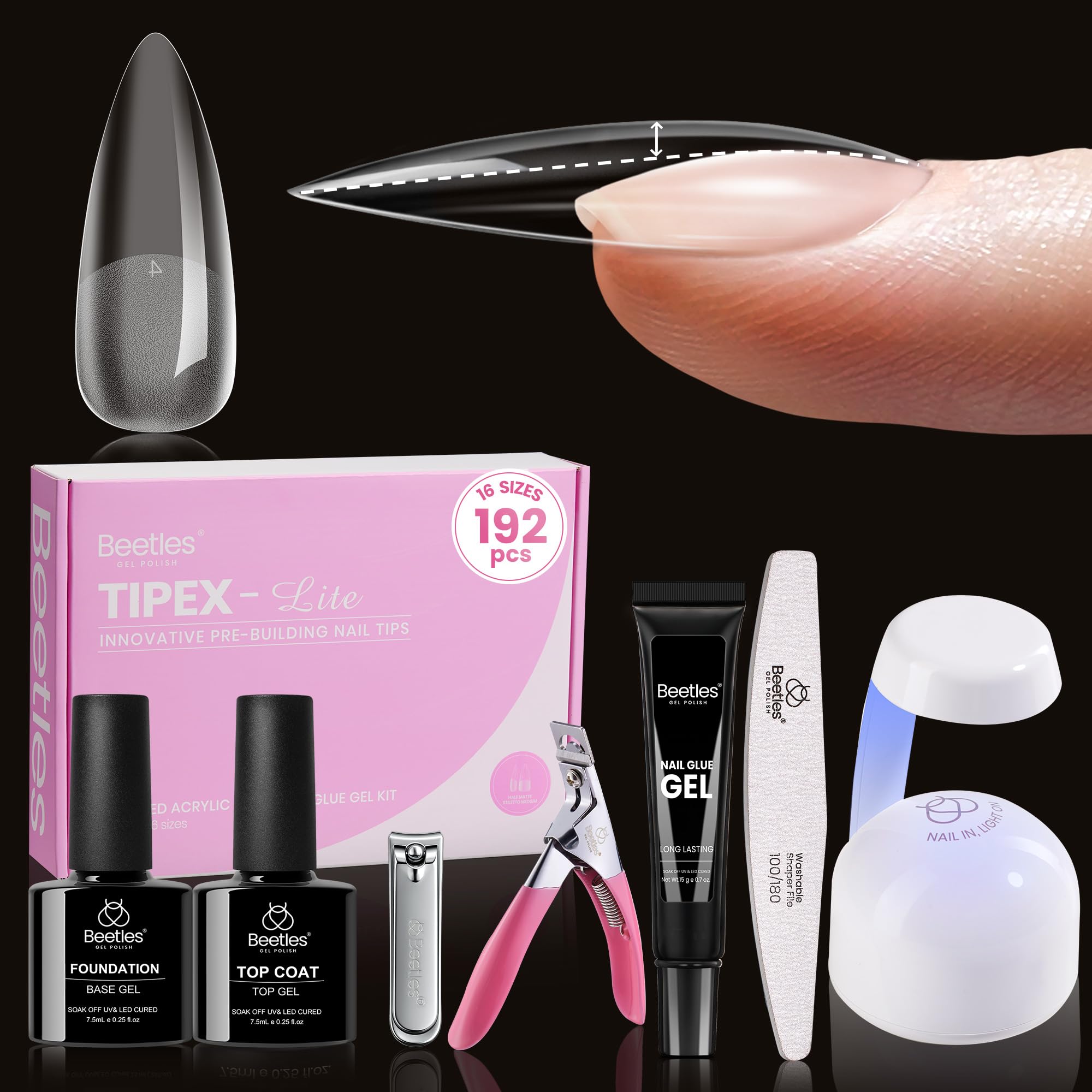 Beetles Tipex Lite Kit montrant les embouts stiletto apex pour une forme naturelle.