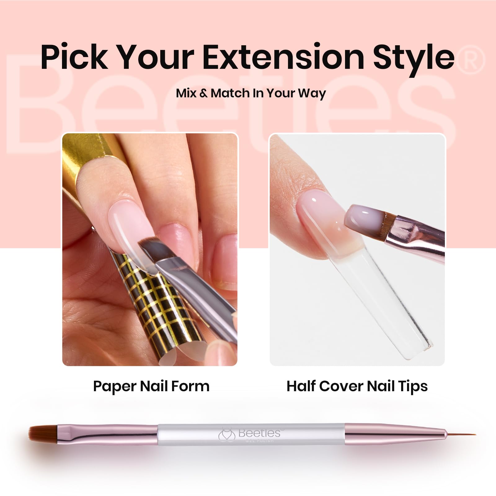 Beetles tips ongles carrés demi-couverts pour transition naturelle.