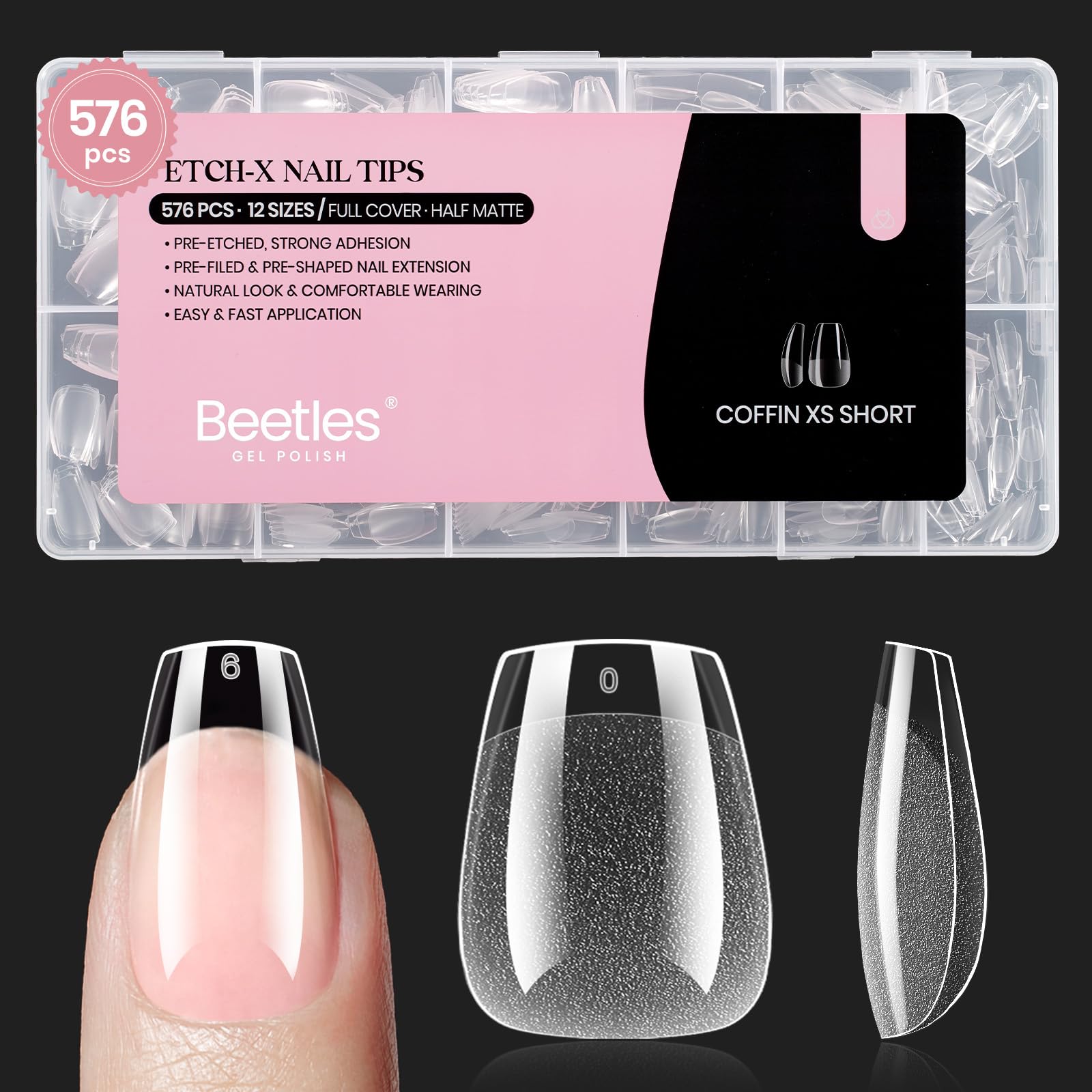 Beetles Gel Tips forme cercueil extra-short, 576 pièces pour un ajustement précis.