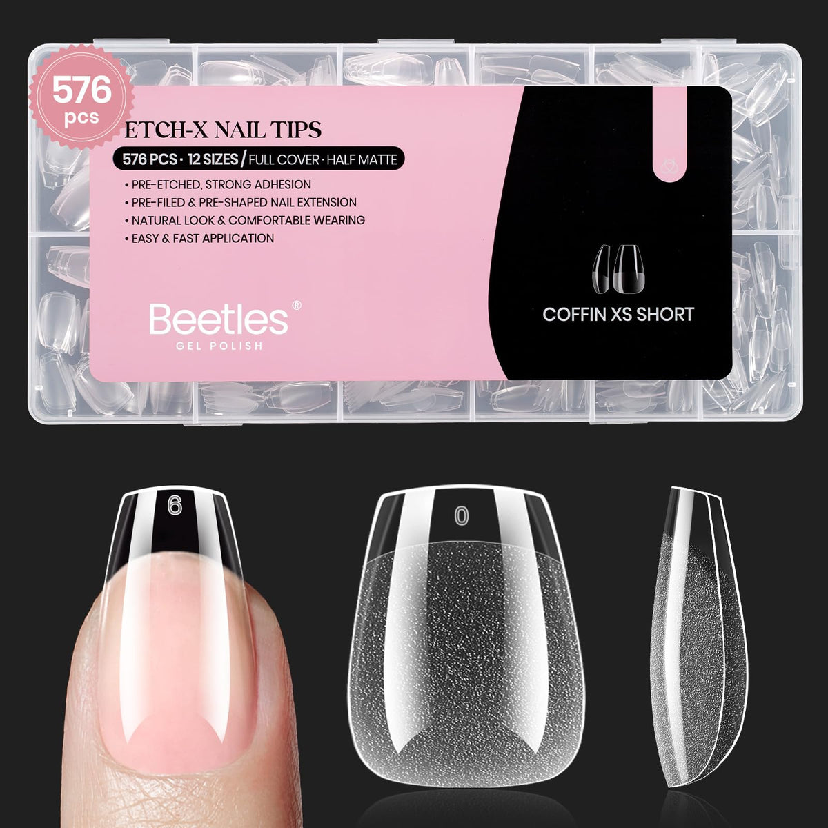 Beetles Gel Tips forme cercueil extra-short, 576 pièces pour un ajustement précis.