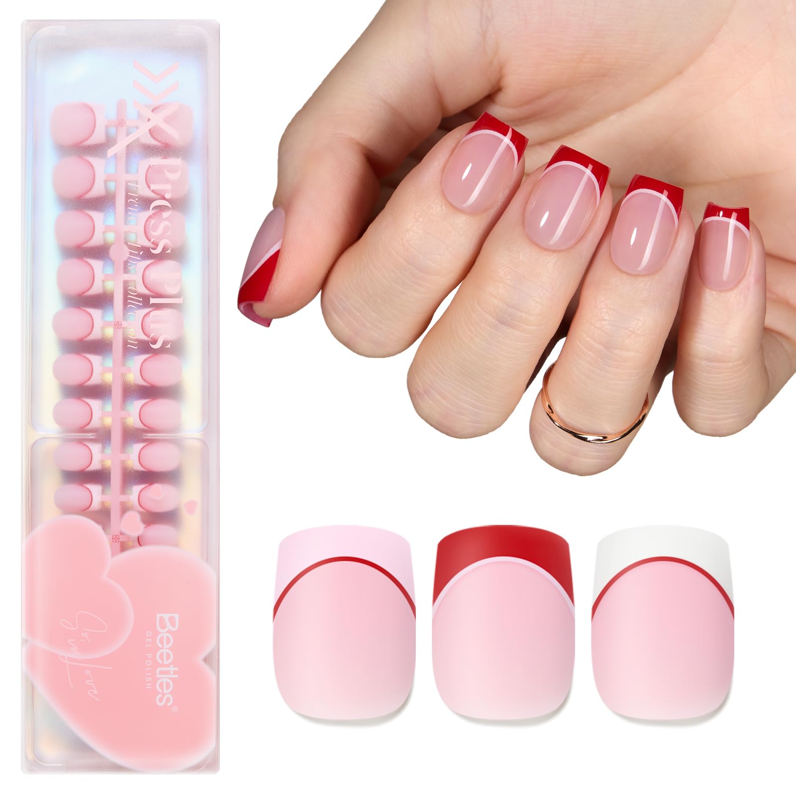Beetles Heart Whisper : ongles press-on courts et carrés, look romantique prêt à porter.