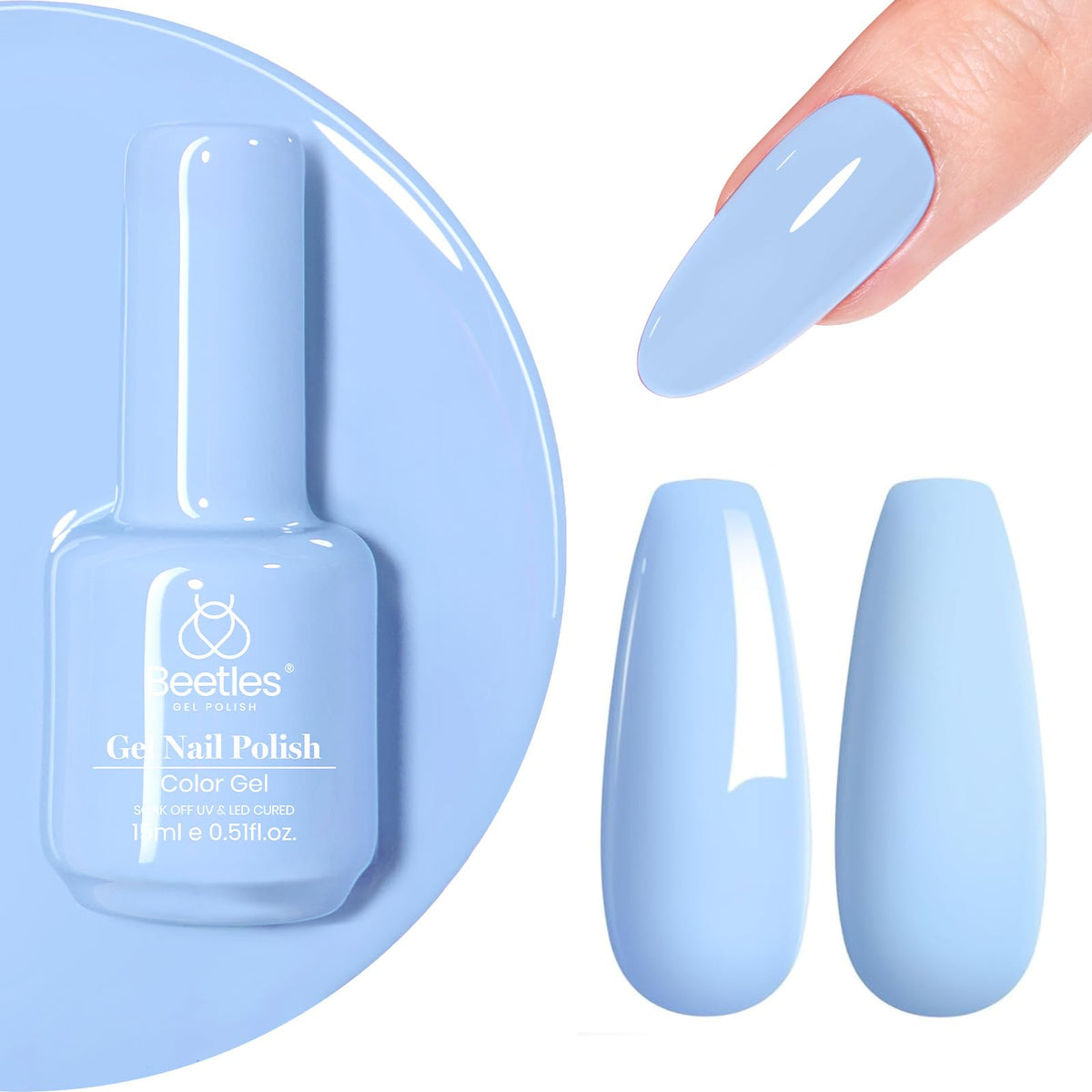 Vernis gel Beetles bleu pastel – bouteille affichant la teinte durable
