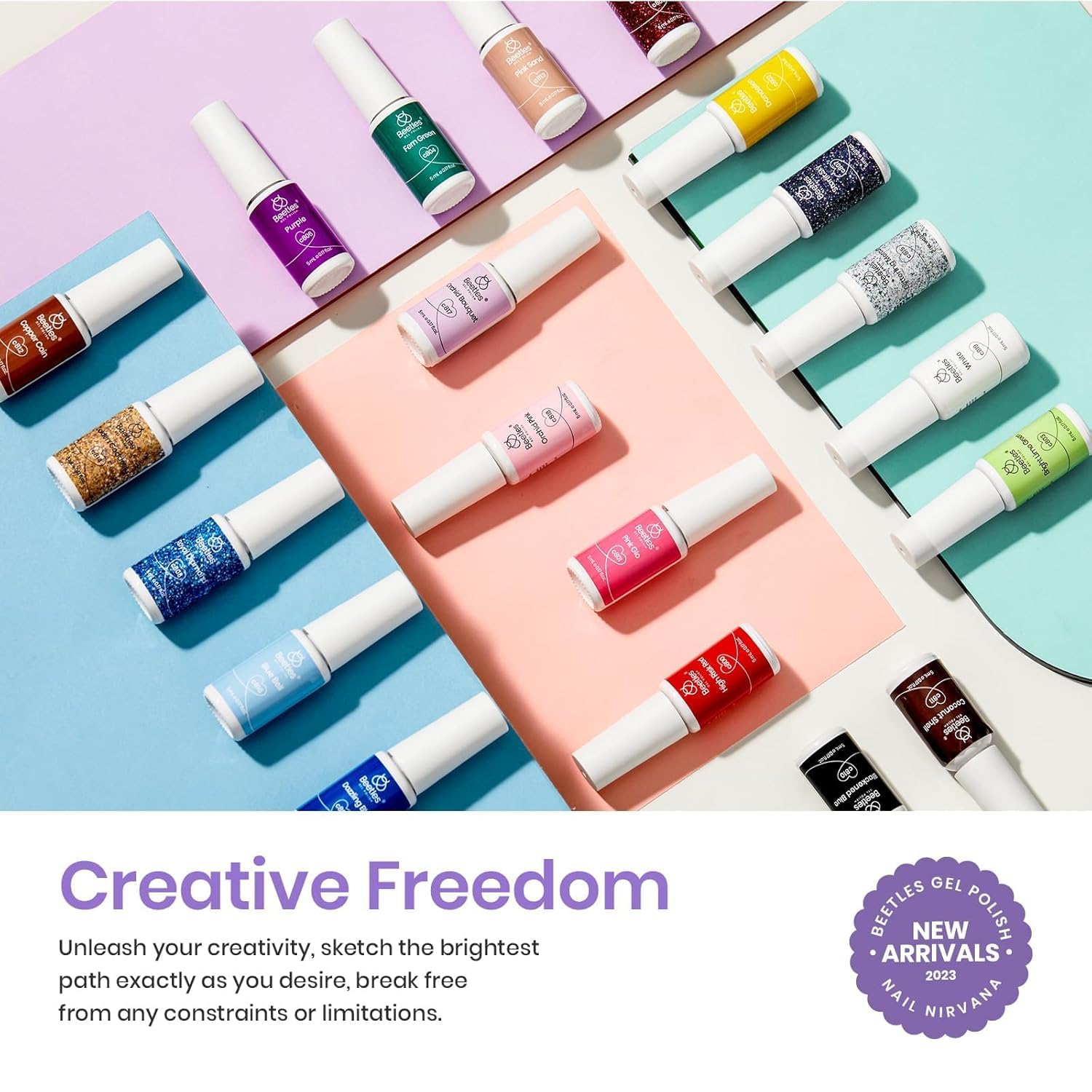 Beetles vernis gel : bouteille ouverte montrant le gel couleur pour design varié.