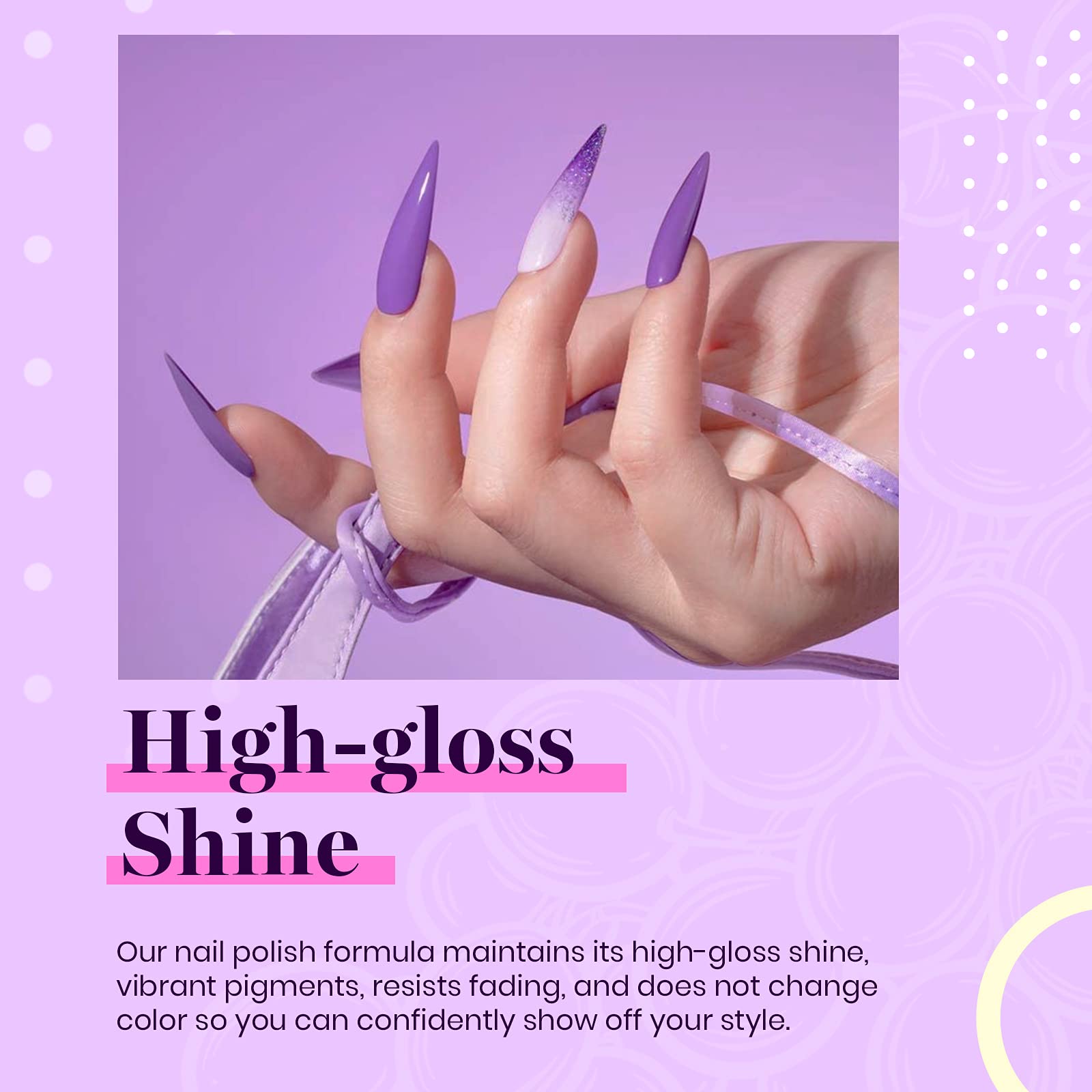 Beetles – vernis gel violet, bouteilles alignées pour un design coordonné.