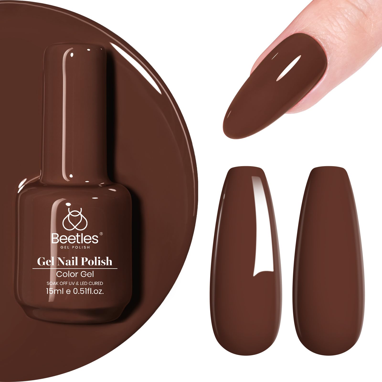 Beetles vernis gel brun 15ml au fini chocolat café, éclat durable.