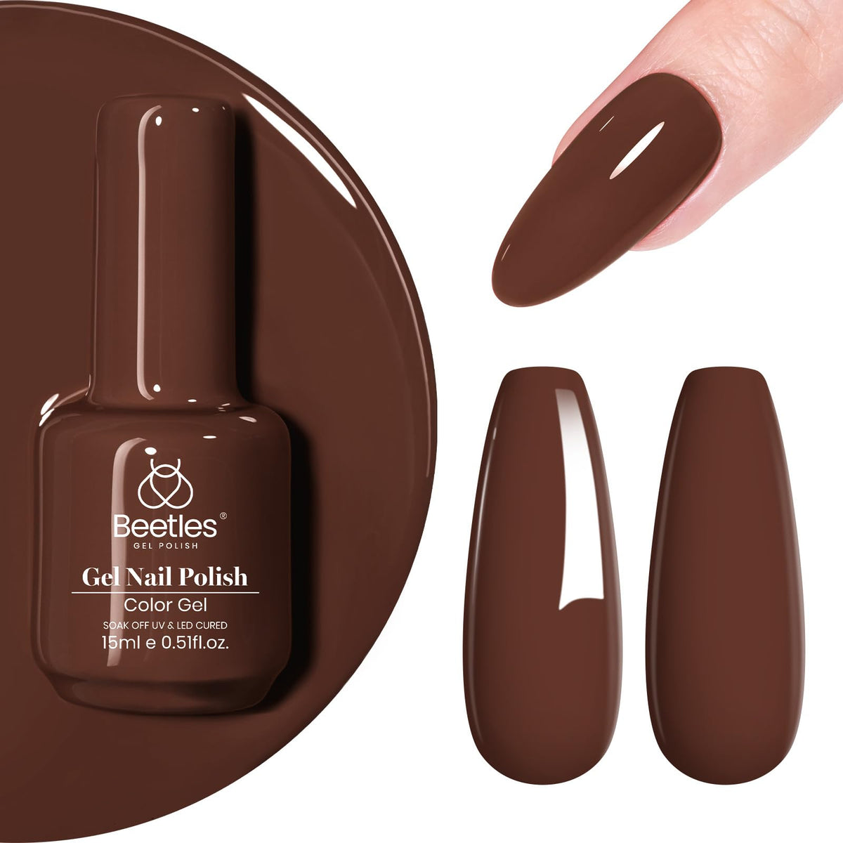 Beetles vernis gel brun 15ml au fini chocolat café, éclat durable.