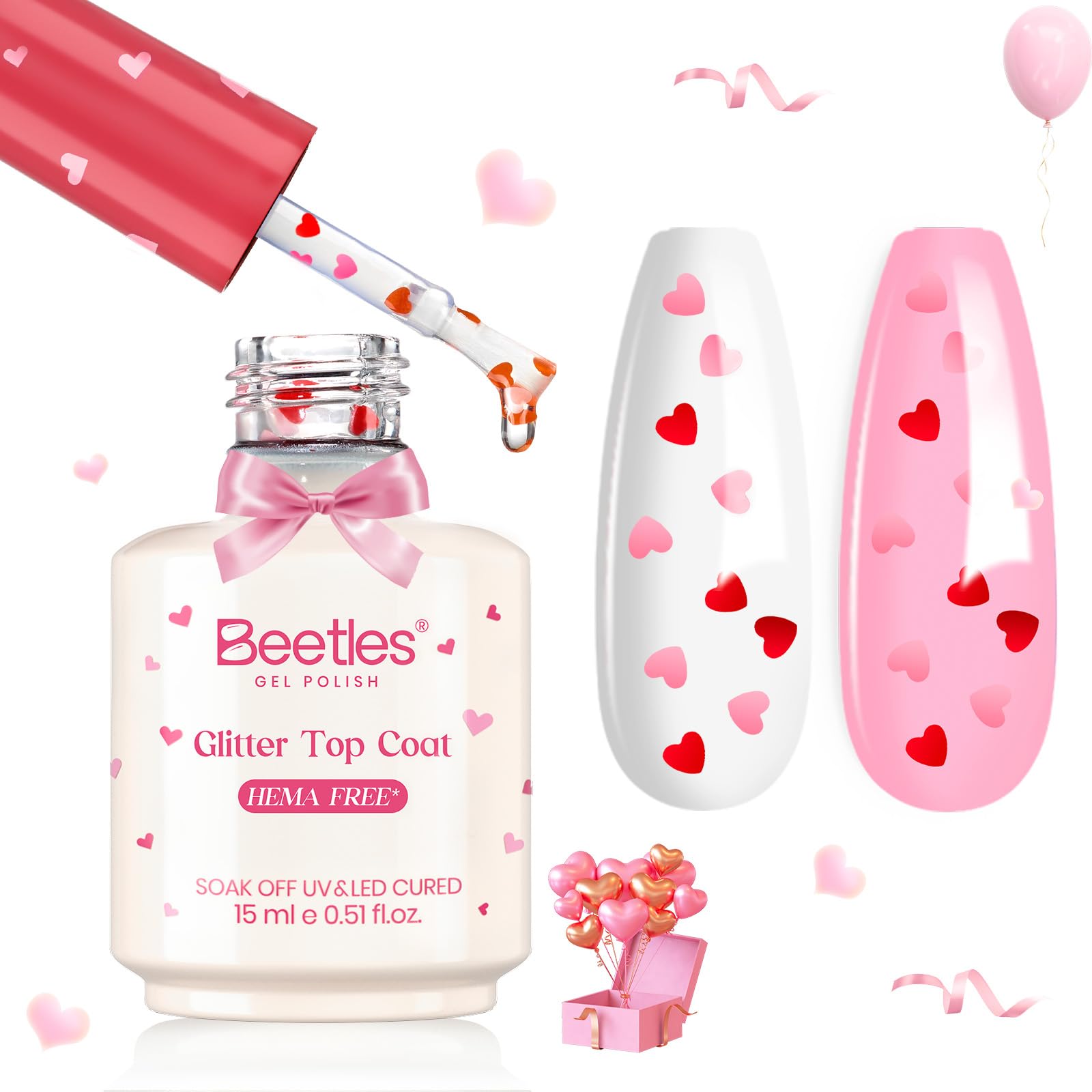 Beetles Gel Coeur : motif cœur intégré, usage facile pour ongles Saint-Valentin.
