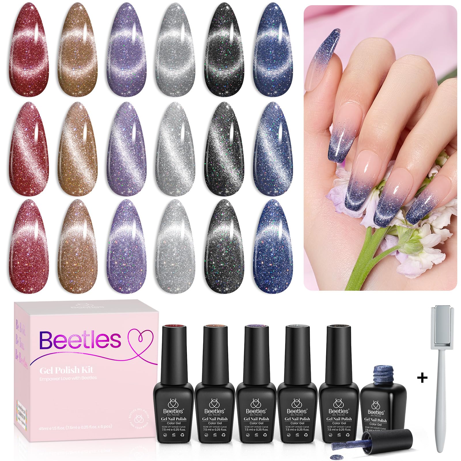 Beetles Gel œil-de-chat rouge, effet œil-de-chat et longue tenue pour des ongles brillants.