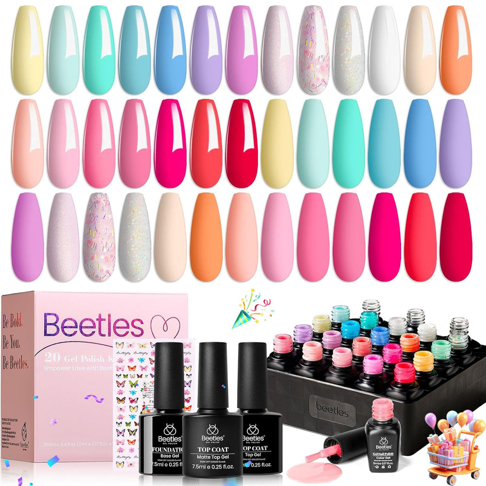 Beetles Gel Vernis ensemble 23 pièces, palette pastel et néon pour des ongles tendance.
