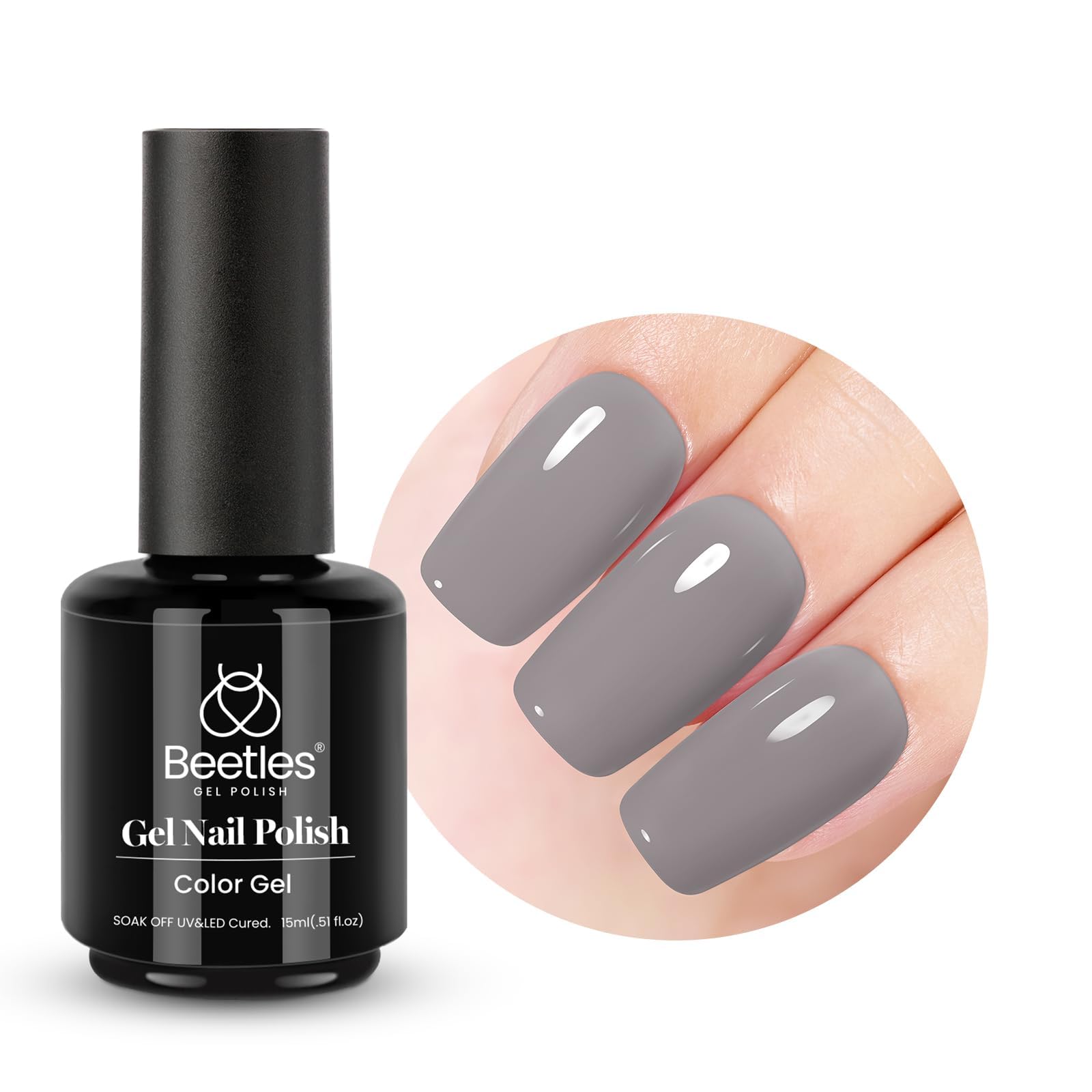 Beetles Vernis Gel Gris – bouteille 15 ml prête pour une manucure durable.