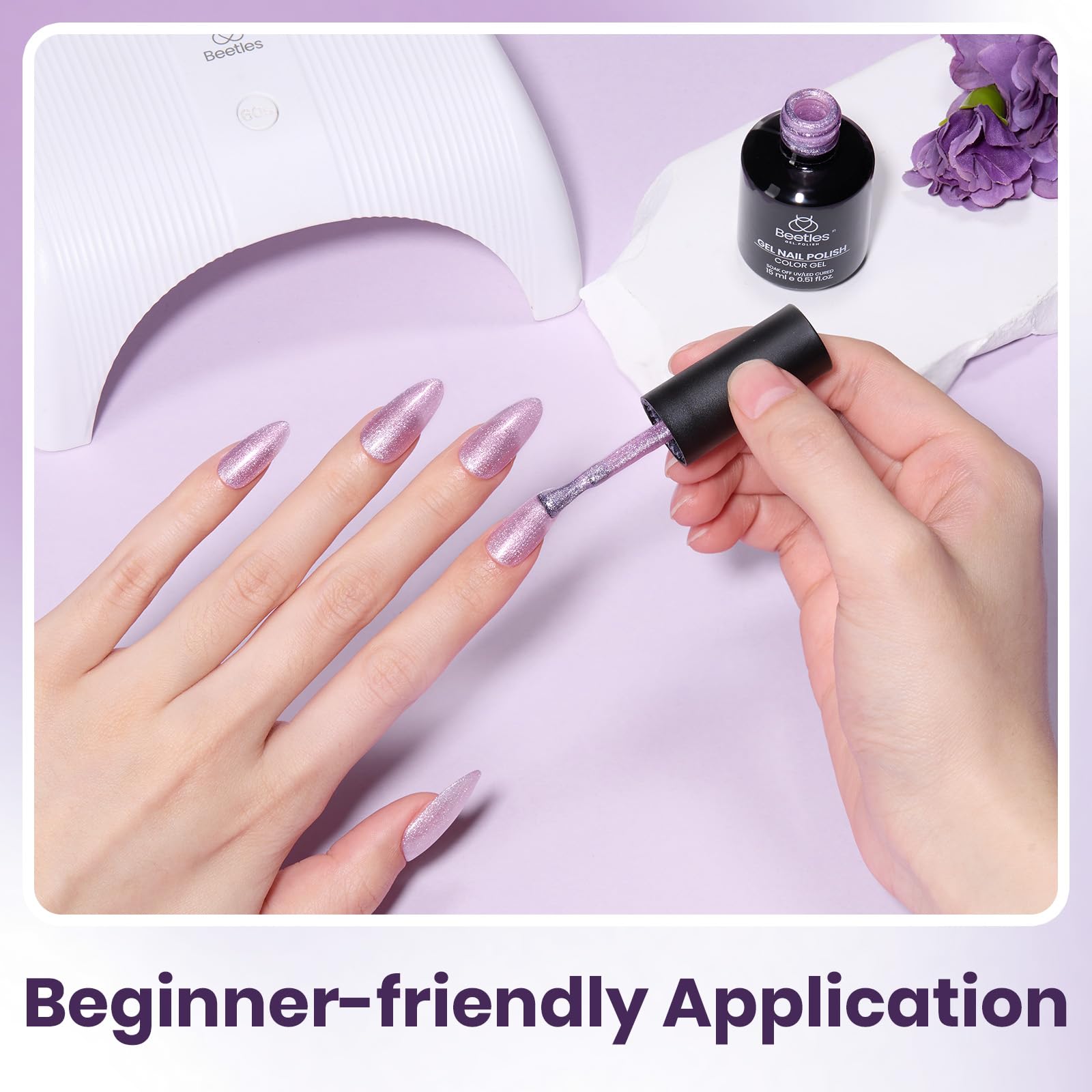 Beetles vernis gel lilas idéal pour une manucure maison rapide.