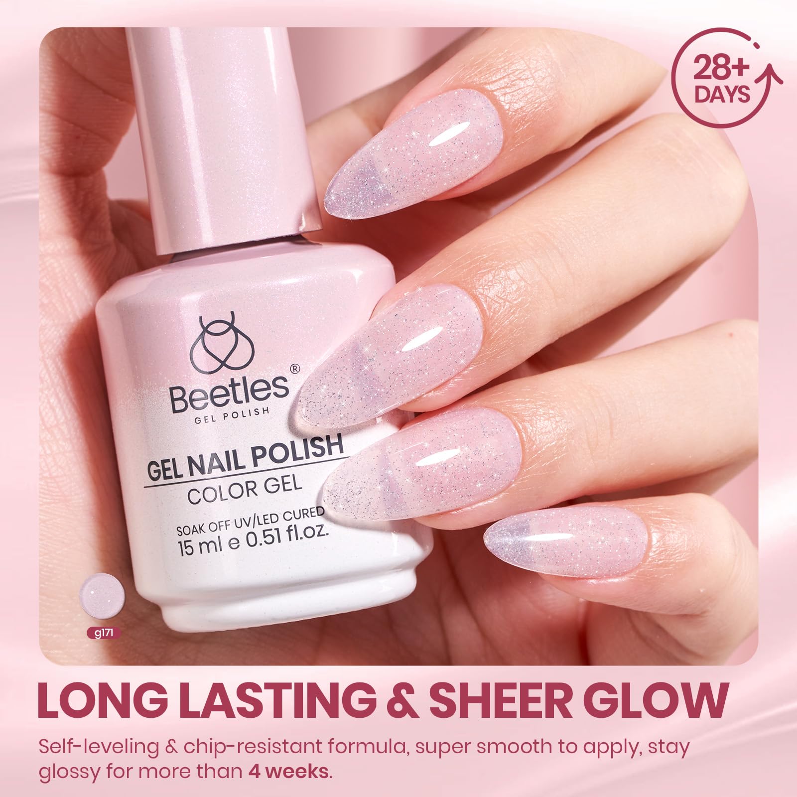 Beetles gel rose paillette, tenue longue durée jusqu’à 28 jours.