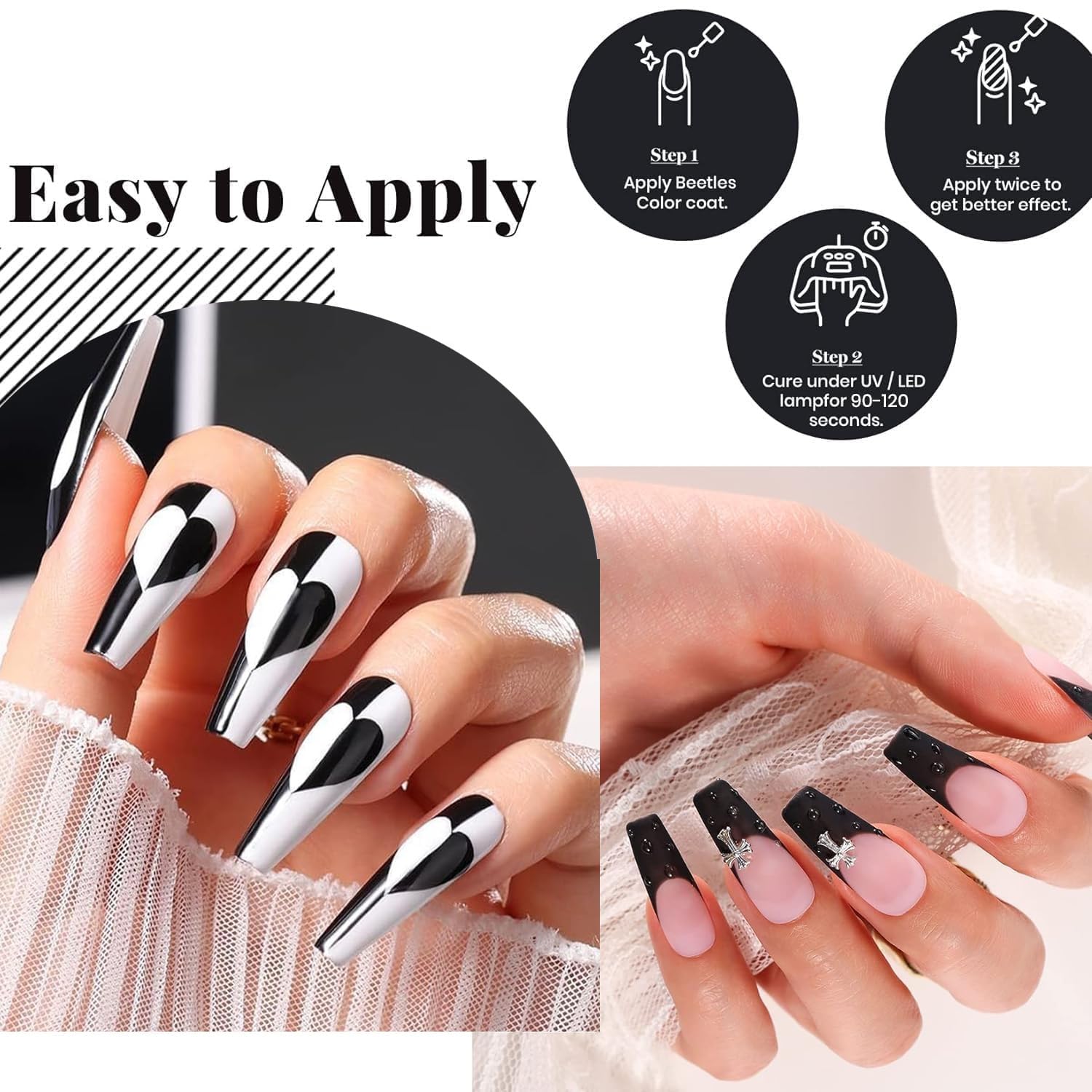 Beetles Vernis gel noir offre couleur noire fluide et brillance.