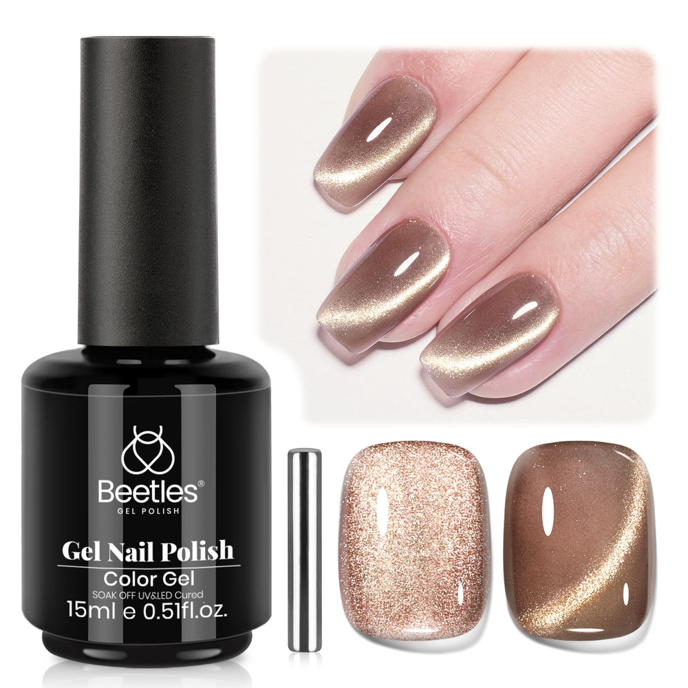 Beetles Vernis Gel œil-chat brun cannelle sur flacon, application facile.