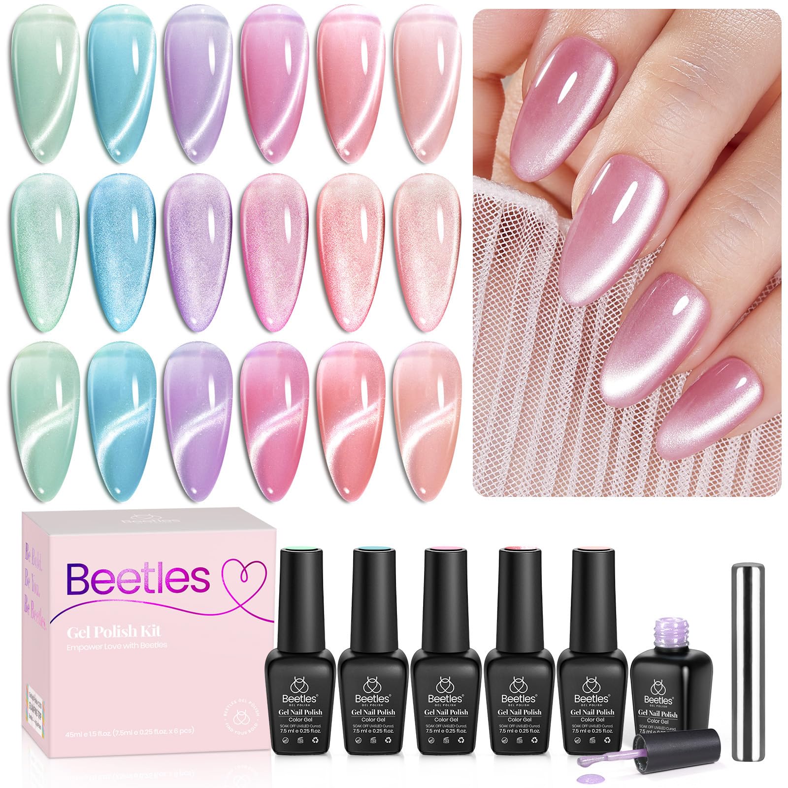 Beetles vernis gel œil de chat pastel, ensemble, pour une manucure velours durable.