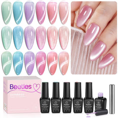 Beetles vernis gel œil de chat pastel, ensemble, pour une manucure velours durable.
