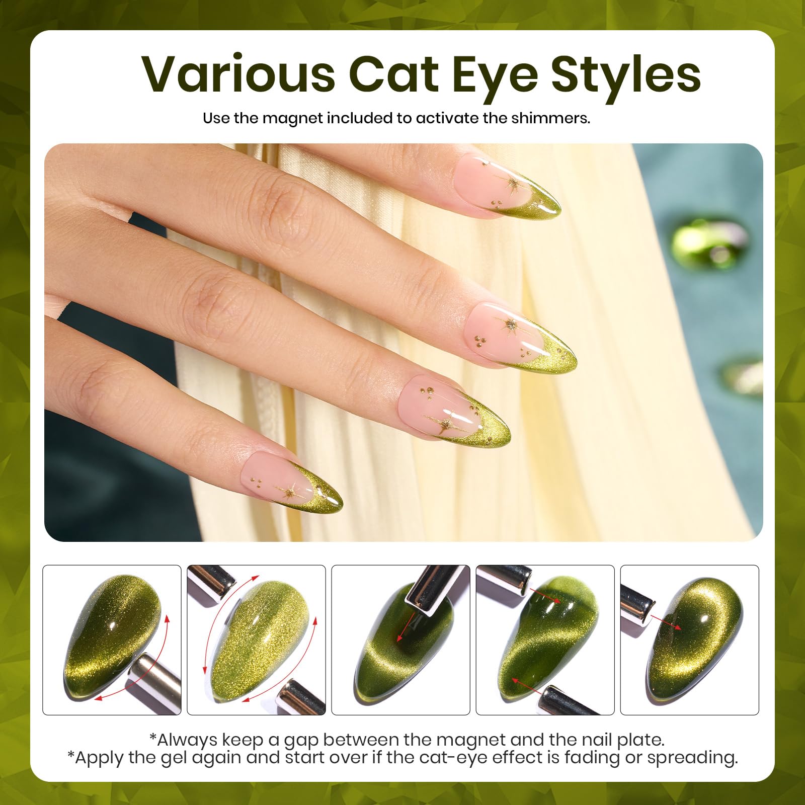 Beetles Vernis Gel œil-de-chat olive vert miroir, effet glamour sur les ongles.
