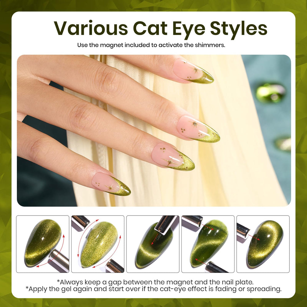 Beetles Vernis Gel œil-de-chat olive vert miroir, effet glamour sur les ongles.