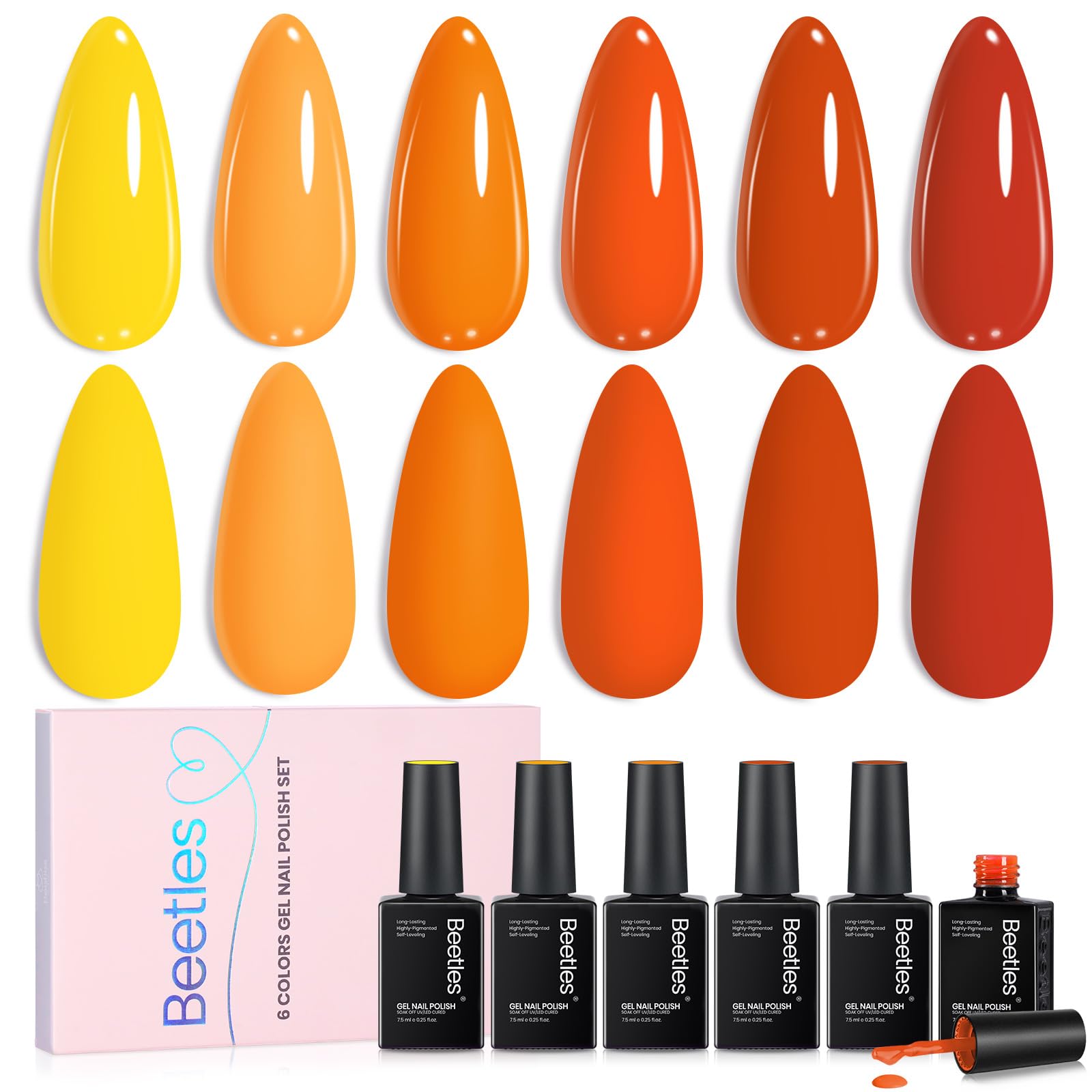 Beetles Gel Polish Orange – ensemble 6 couleurs, variation vibrante pour vos looks.