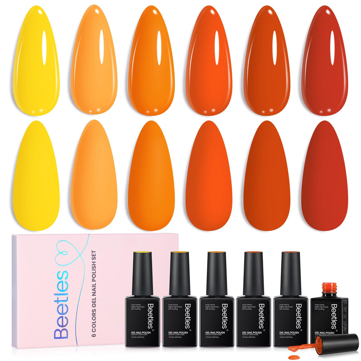 Beetles Gel Polish Orange – ensemble 6 couleurs, variation vibrante pour vos looks.