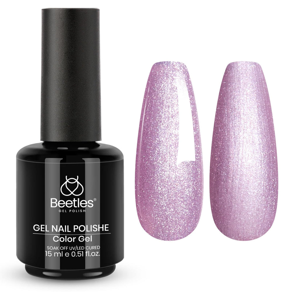 Beetles vernis gel lilas pailleté prêt à briller sur les ongles.