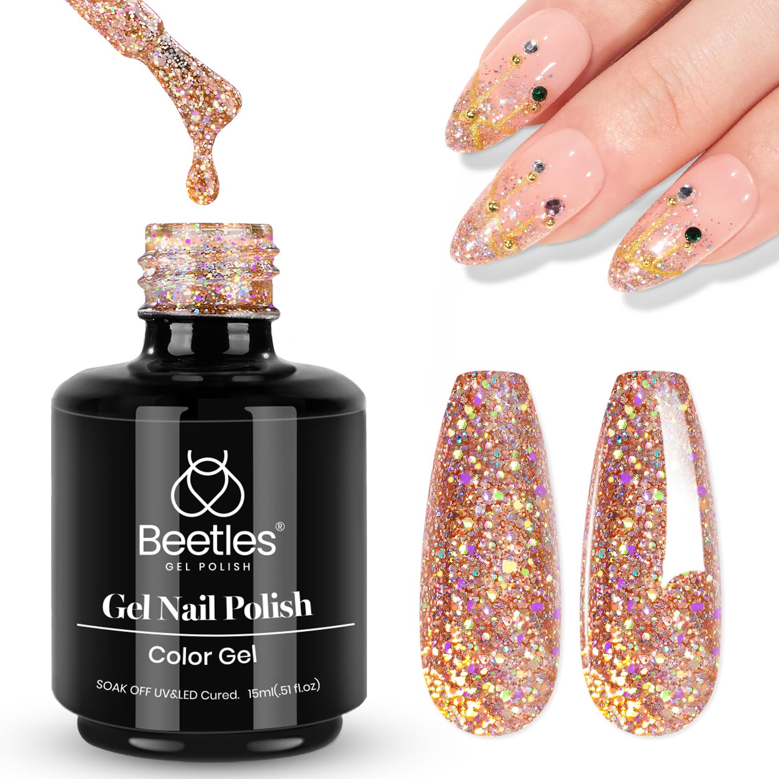 Beetles Gel Vernis paillettes rose-or reflets – éclat durable sur vos ongles.