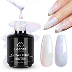 Beetles Vernis Gel perle blanc avec nuages tourbillonnants pour une manucure chic.
