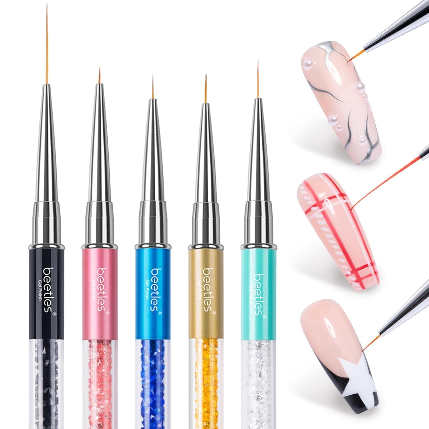 Ensemble de pinceaux liner Beetles Gel Polish pour dessins précis sur ongles.