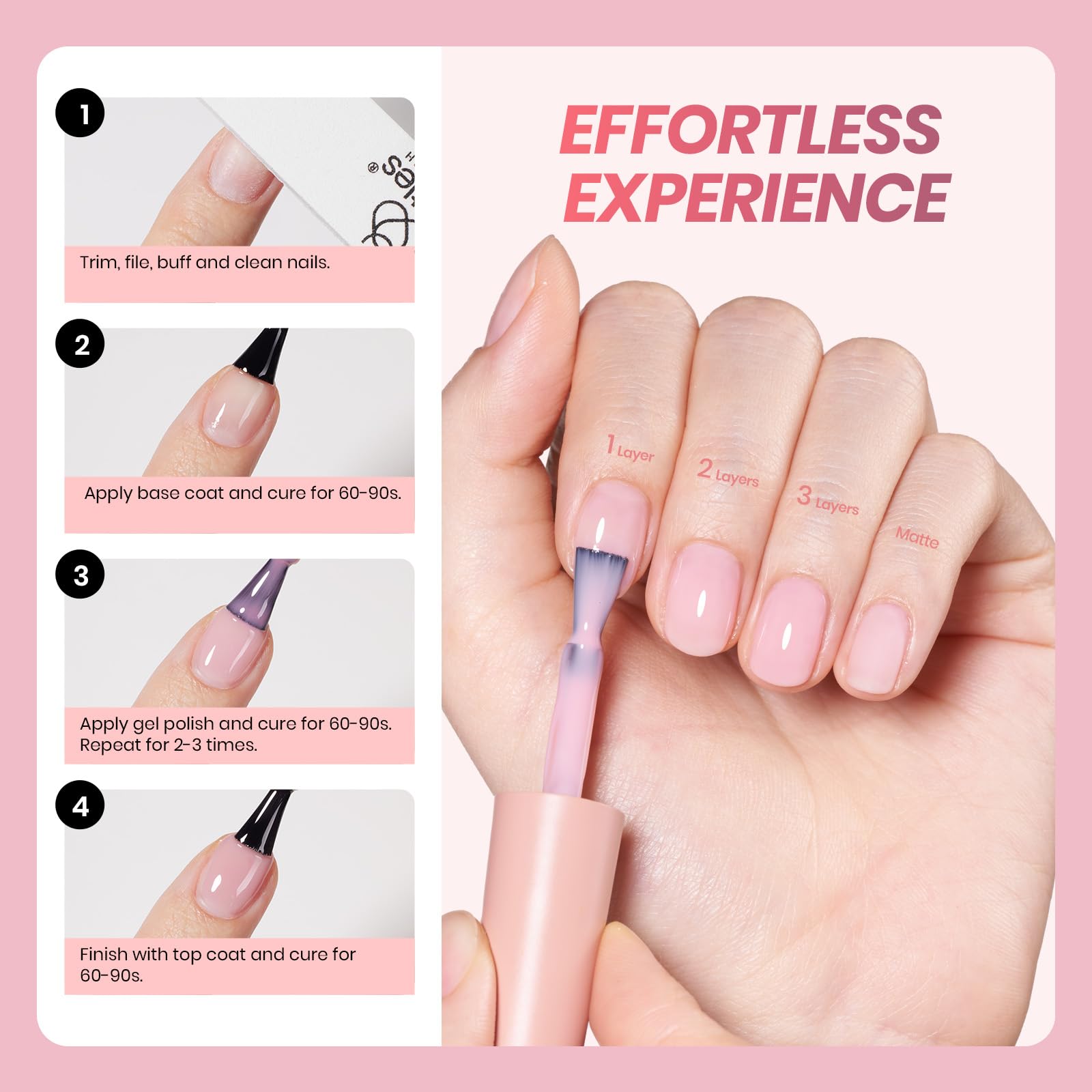 Beetles vernis gel rose clair translucide pour une manucure française.