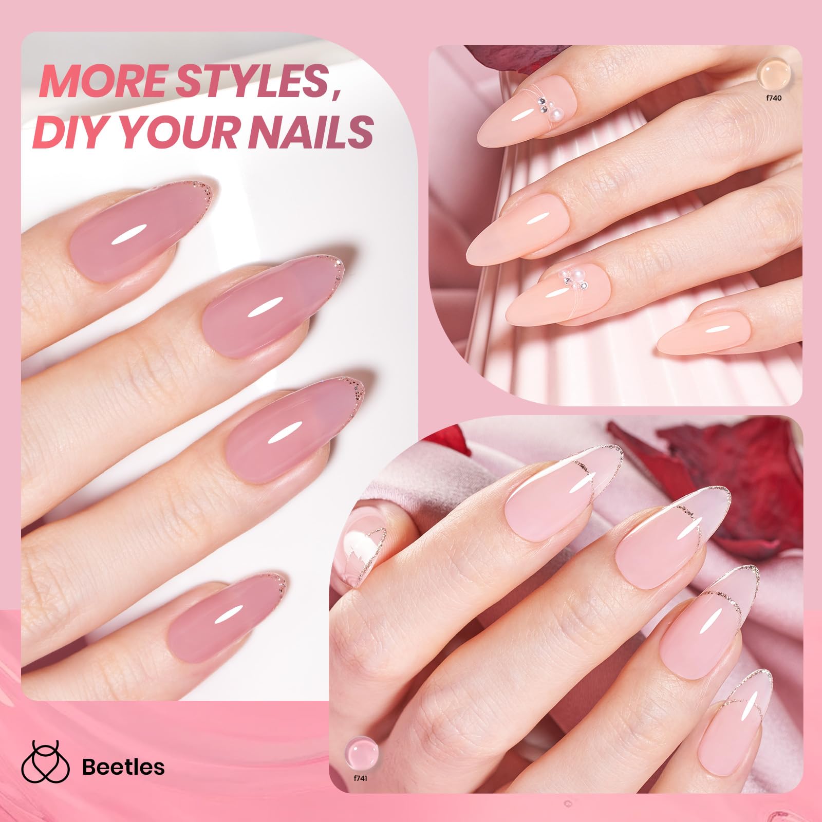 Beetles vernis gel rose pâle translucide pour une manucure naturelle.