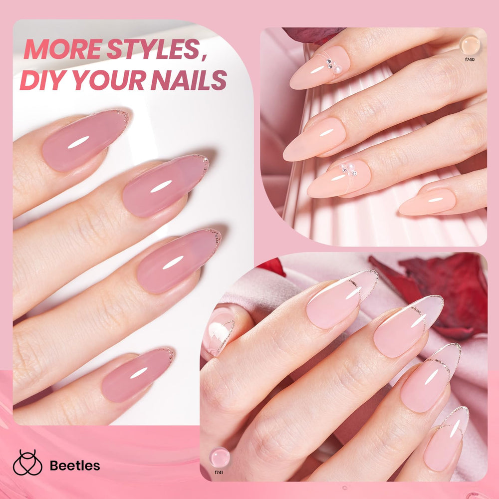 Beetles vernis gel rose pâle translucide pour une manucure naturelle.