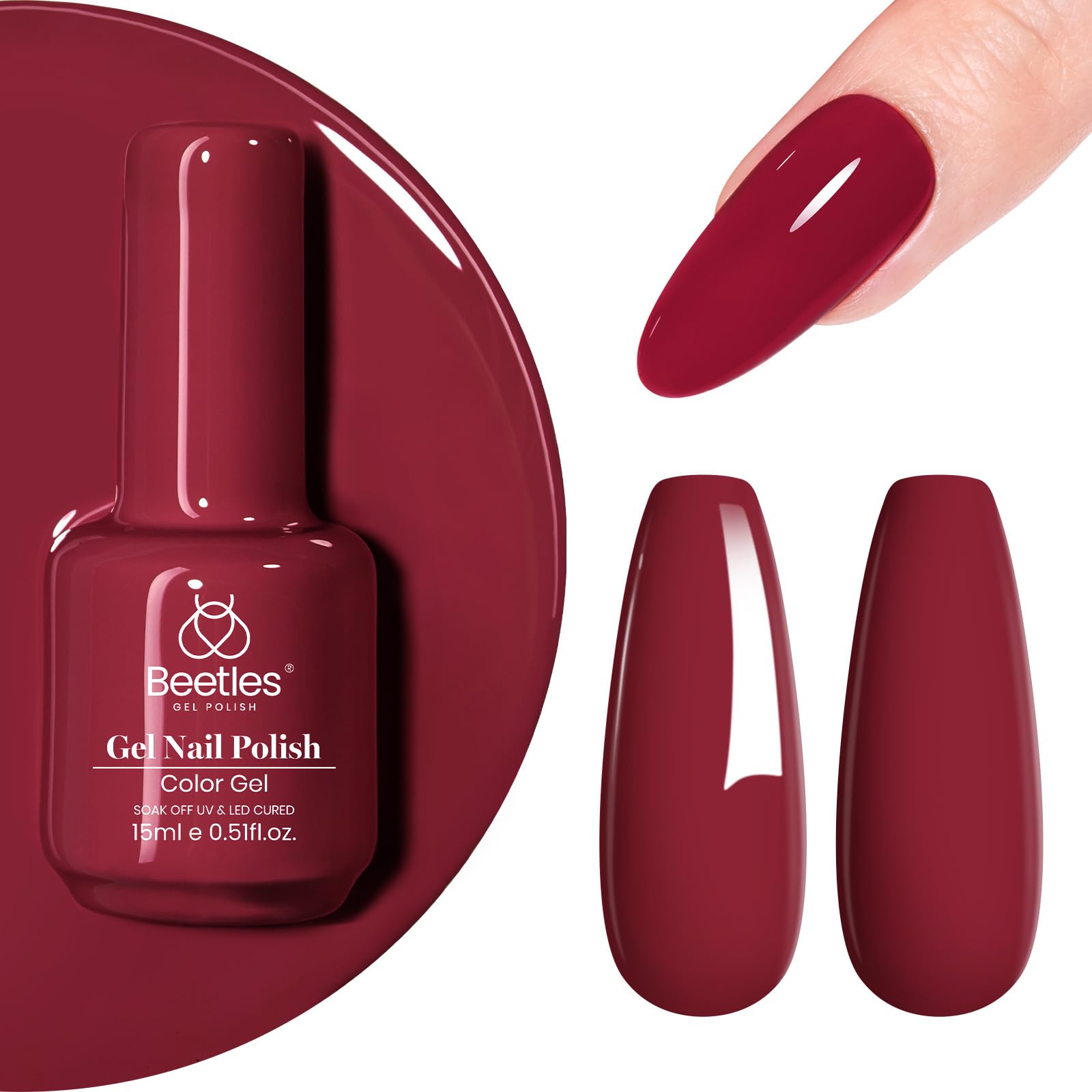 Beetles vernis gel rouge, bouteille visible avec couleur élégante.